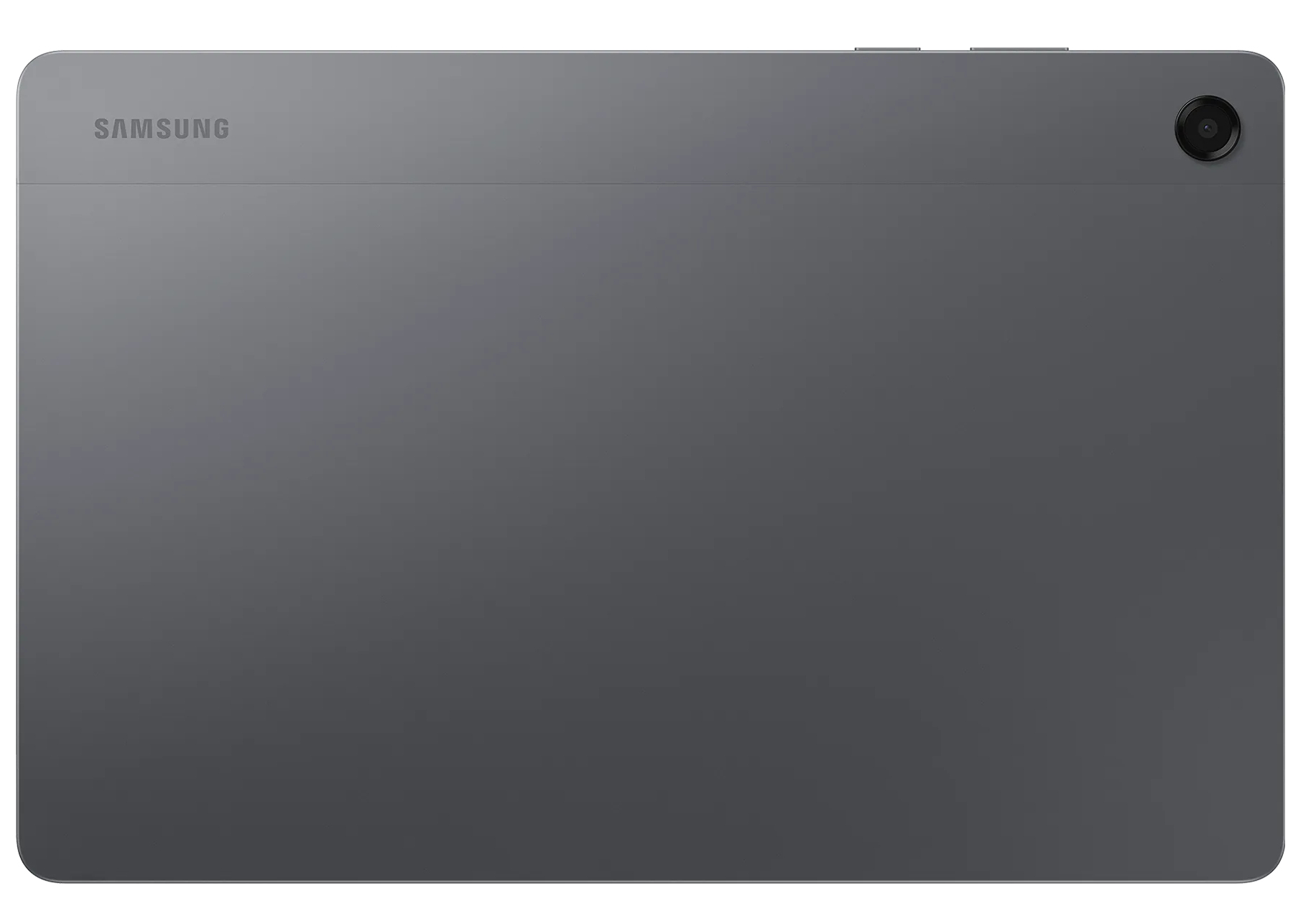 Szary tył tabletu Samsung. Aparat znajduje się po prawej stronie u góry. Logo Samsung znajduje się po lewej stronie u góry.