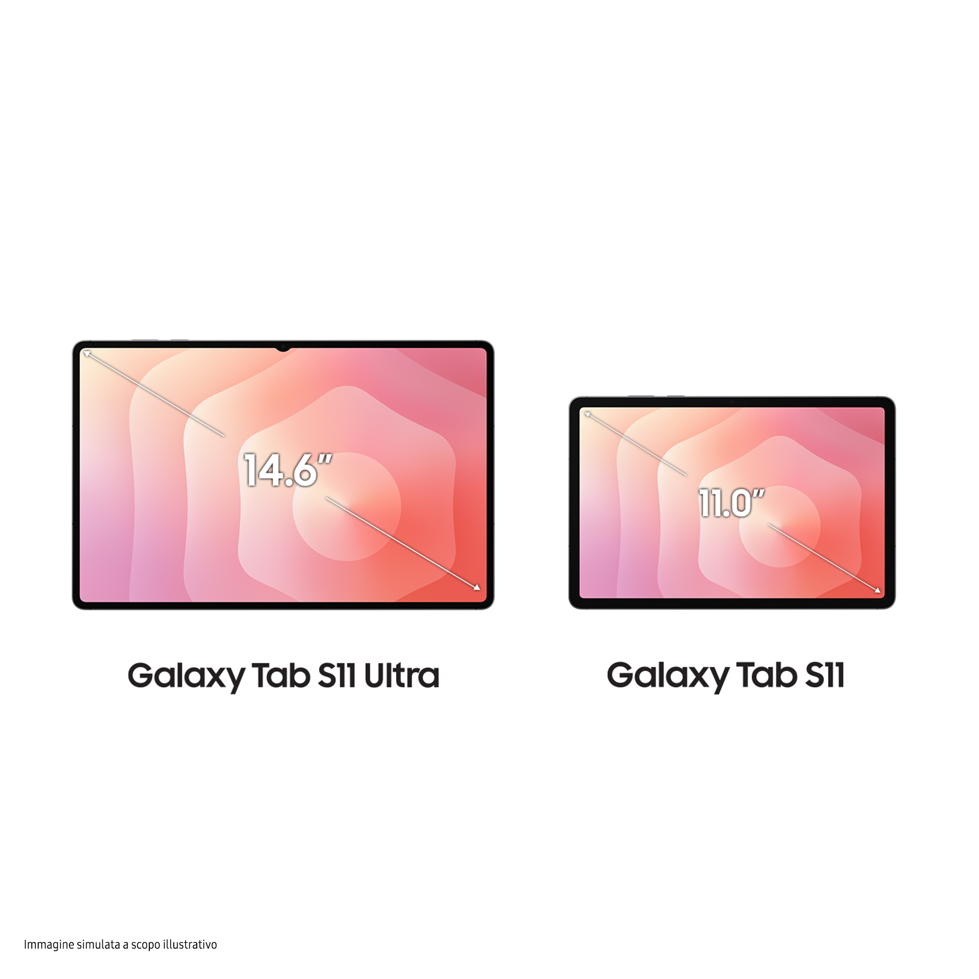 Zwei Tablets, Galaxy Tab S11 Ultra (14,6") und Galaxy Tab S11 (11,0"), auf weißem Hintergrund. Illustration.