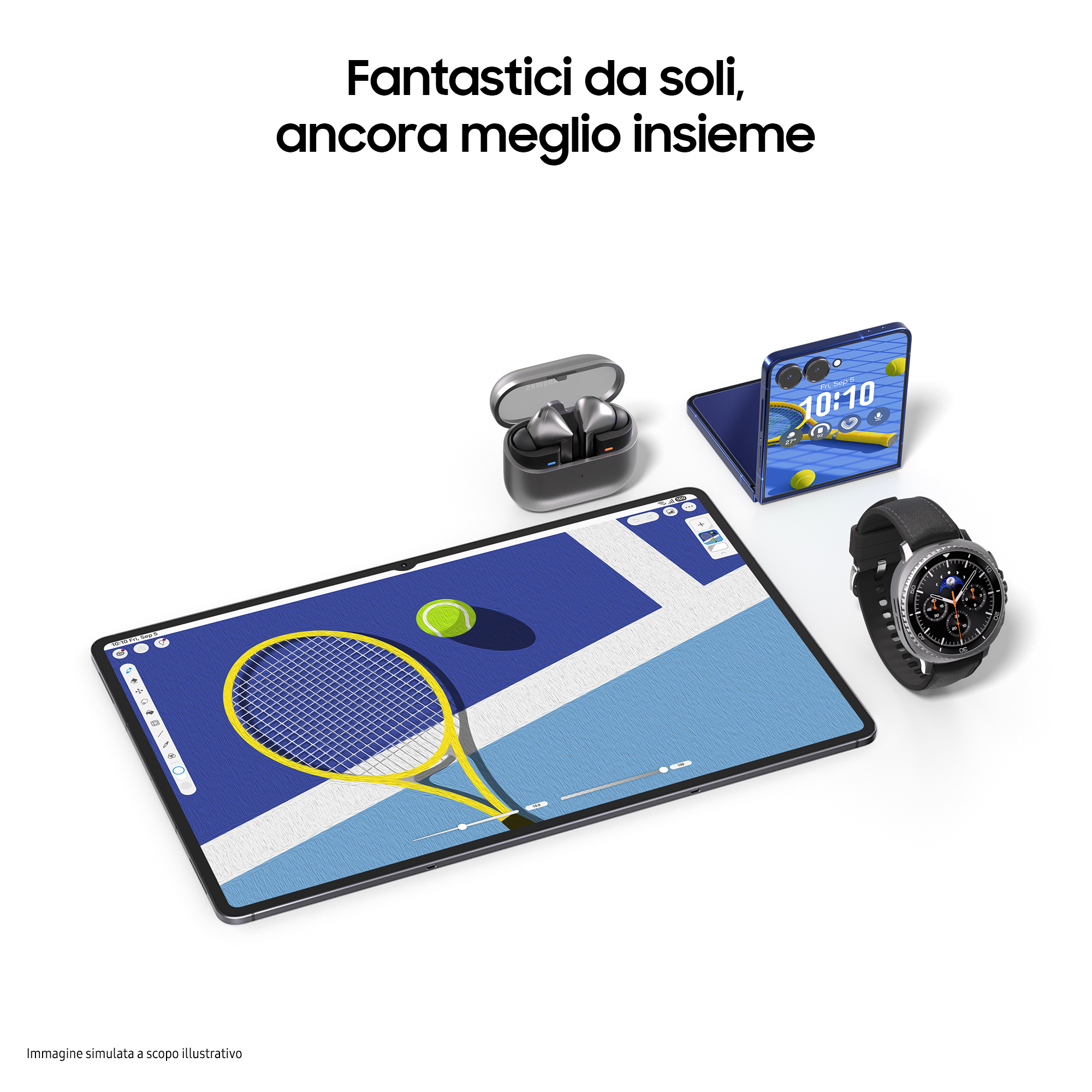 Das Bild zeigt Tech-Produkte: Tablet, Telefon, Ohrhörer und Uhr. Alles mit einem Tennisthema, Schläger und Ball.