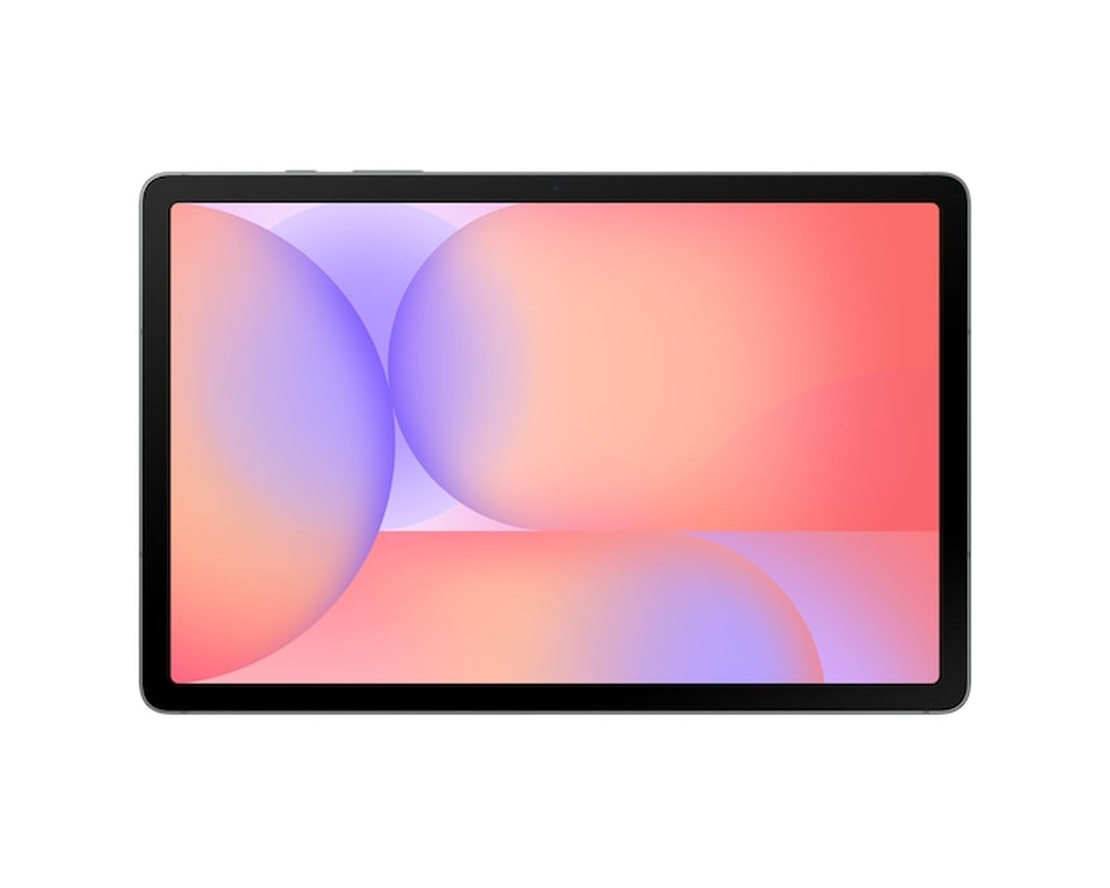 Un tablet con cornice nera. Lo schermo mostra una sfumatura di sfere rosa, arancioni e viola su sfondo bianco.