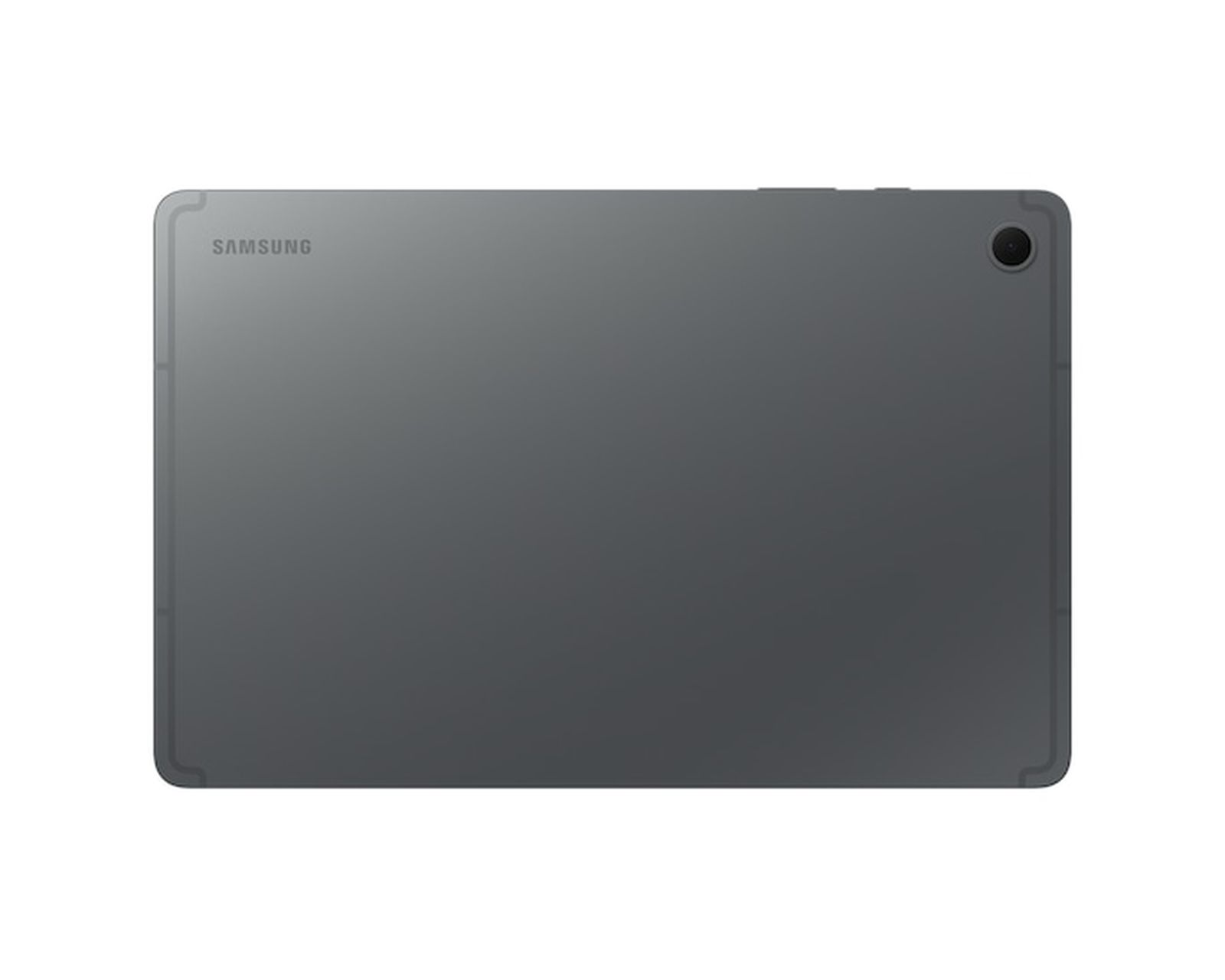 Retro di un tablet Samsung grigio, obiettivo della fotocamera in alto a destra, marchio in alto a sinistra.