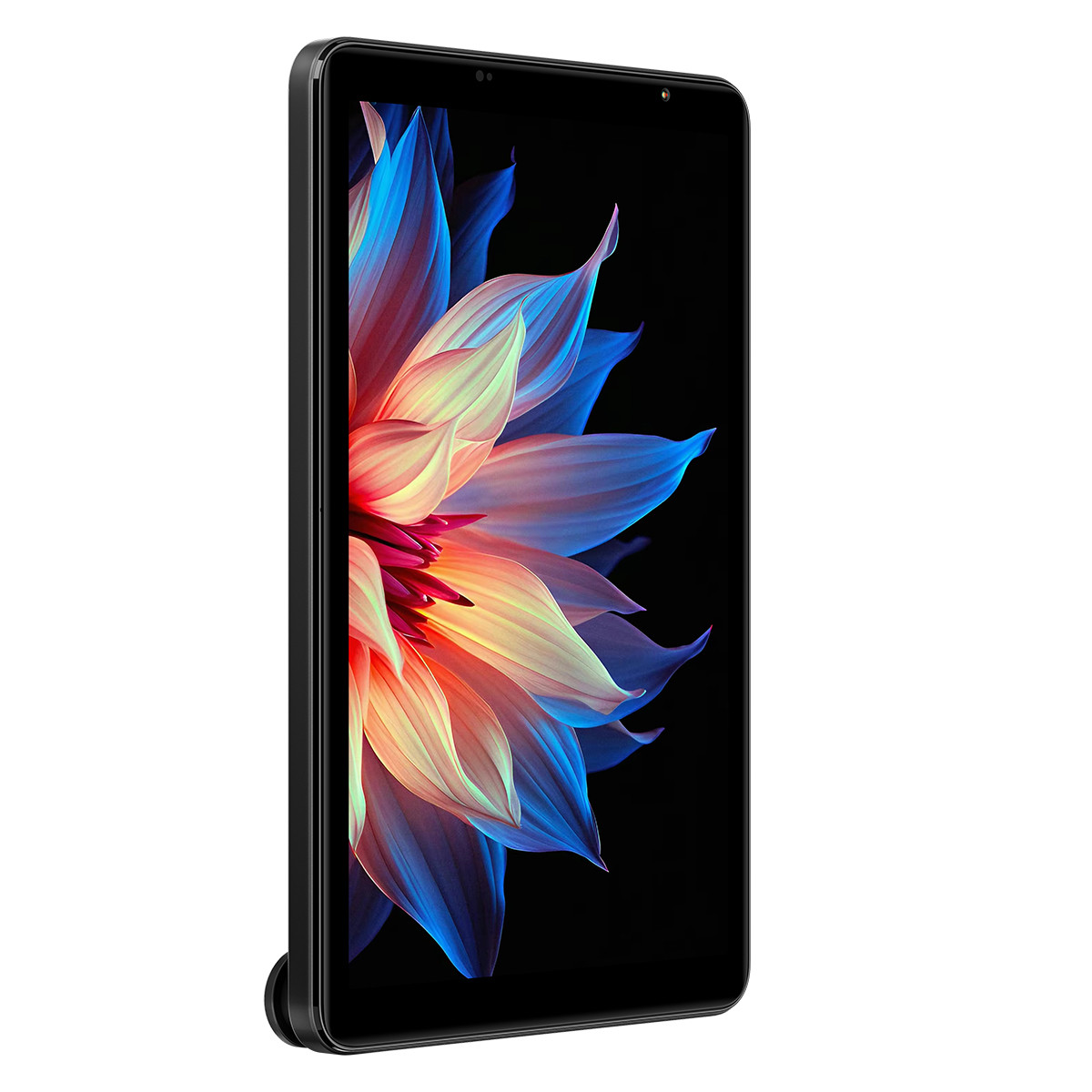 Un tablet con cornice nera mostra un'immagine di fiore vibrante con petali blu, gialli e rossi su sfondo nero.
