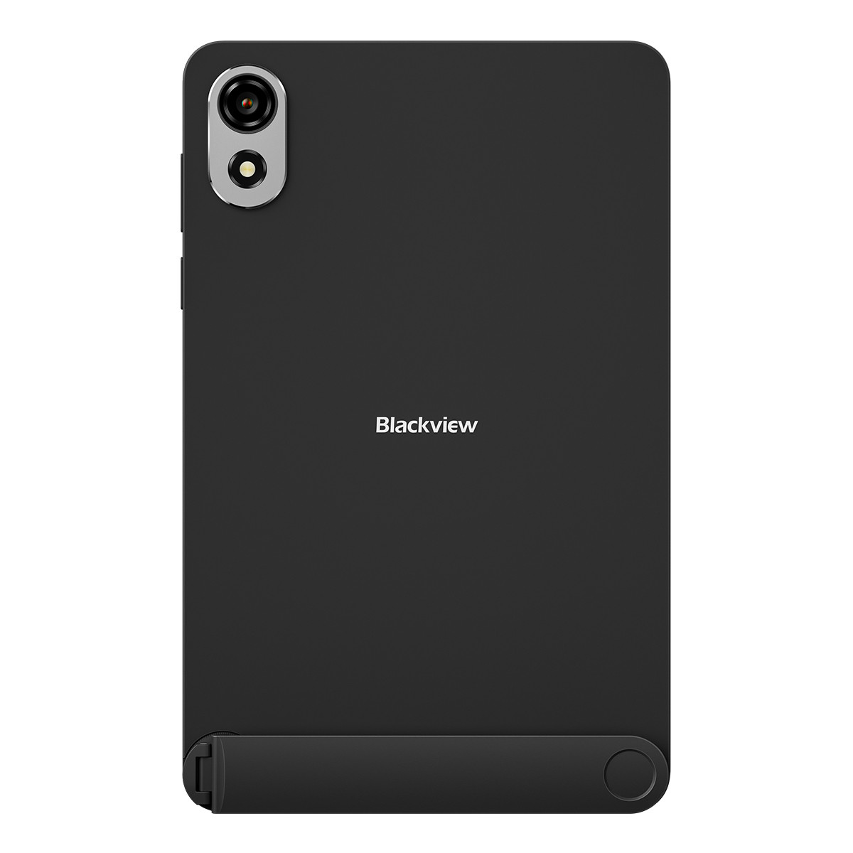 Un tablet nero con fotocamera. Il marchio Blackview è scritto sul tablet. Un supporto è attaccato in basso.