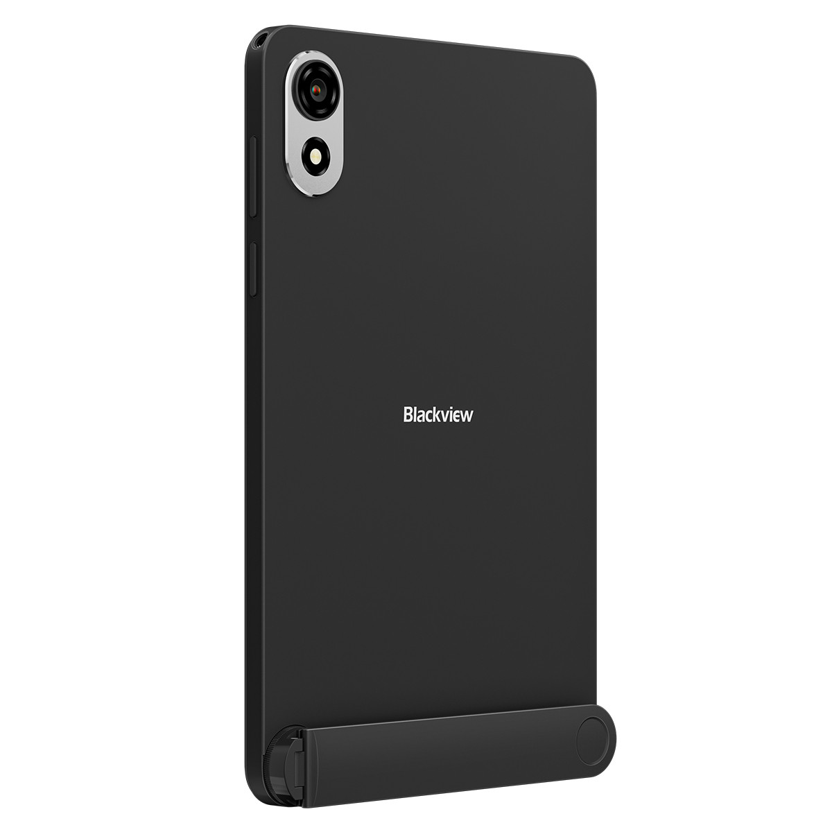 Tablet nero su sfondo bianco, con fotocamera e supporto. Il tablet è nero, con il logo Blackview.