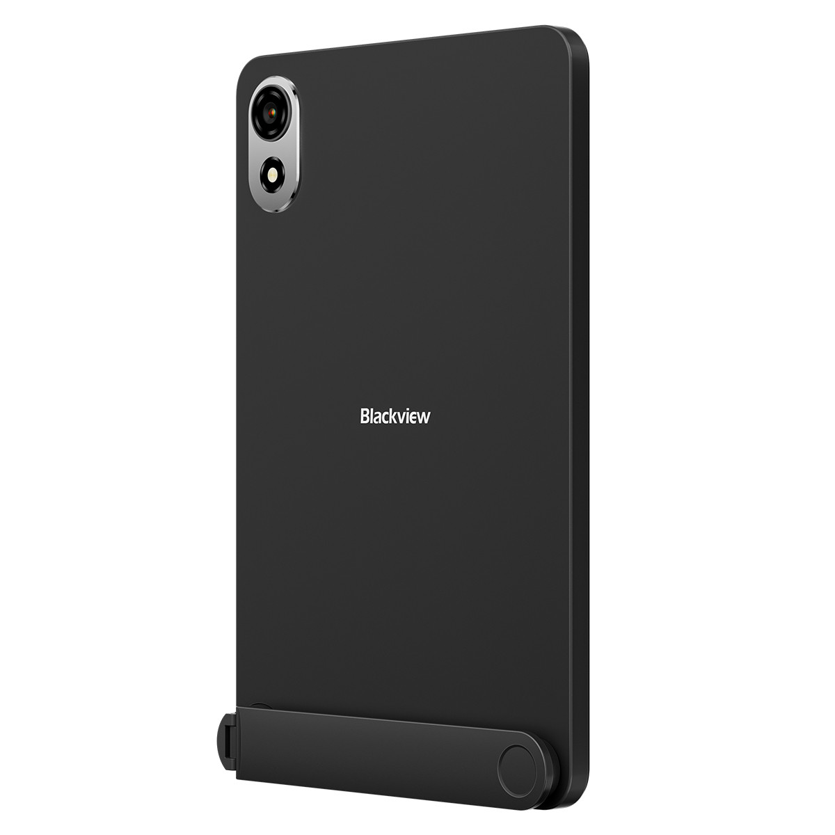 Un tablet Blackview nero, vista posteriore. Ha una fotocamera, il marchio e un supporto.