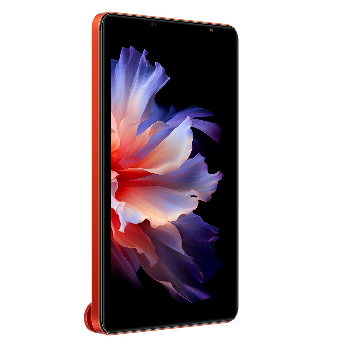 Un tablet con cornice arancione mostra un design floreale colorato su schermo nero. È posizionato diagonalmente su sfondo bianco.