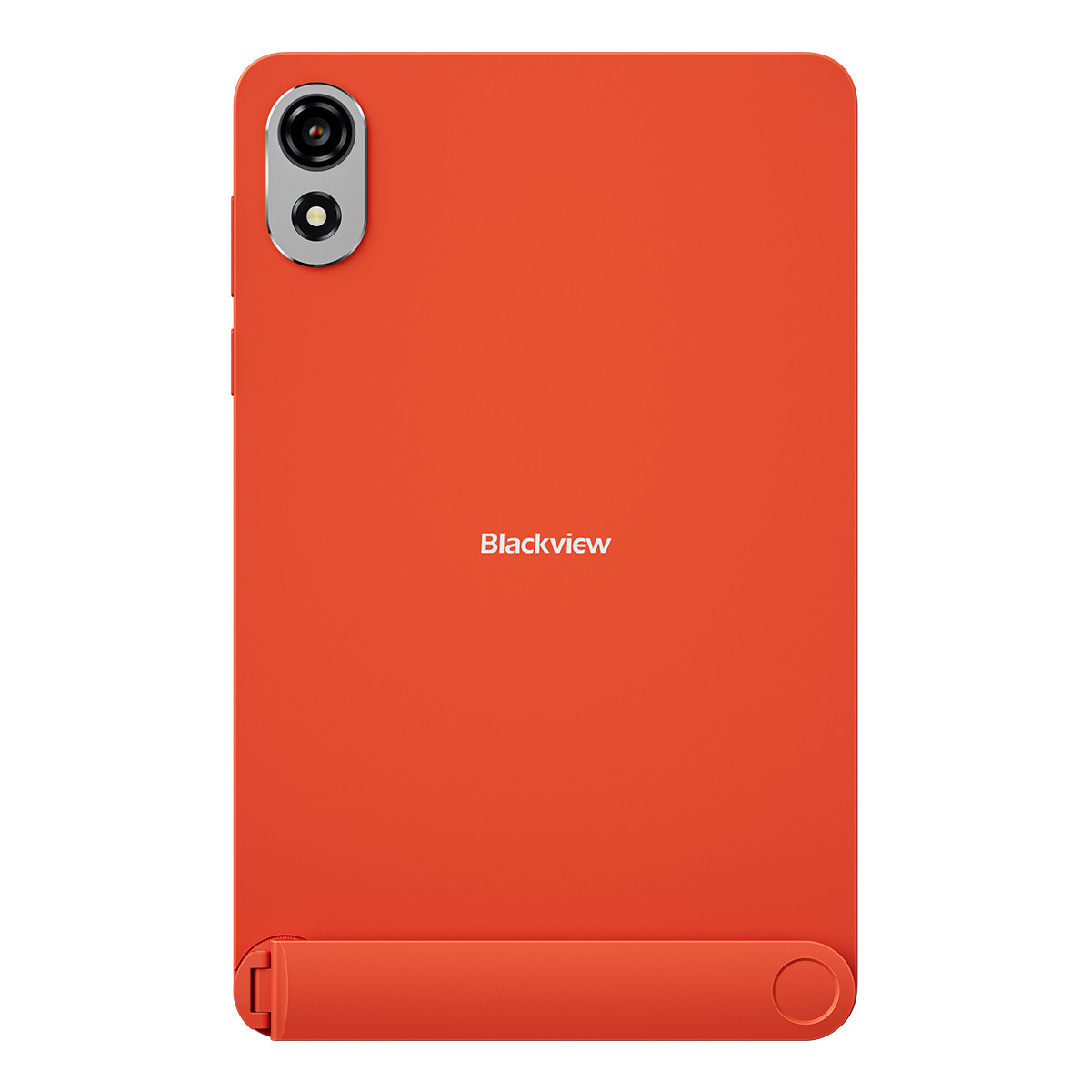Tablet arancione con fotocamera. Logo Blackview visibile. Supporto estraibile in basso. Su sfondo bianco.
