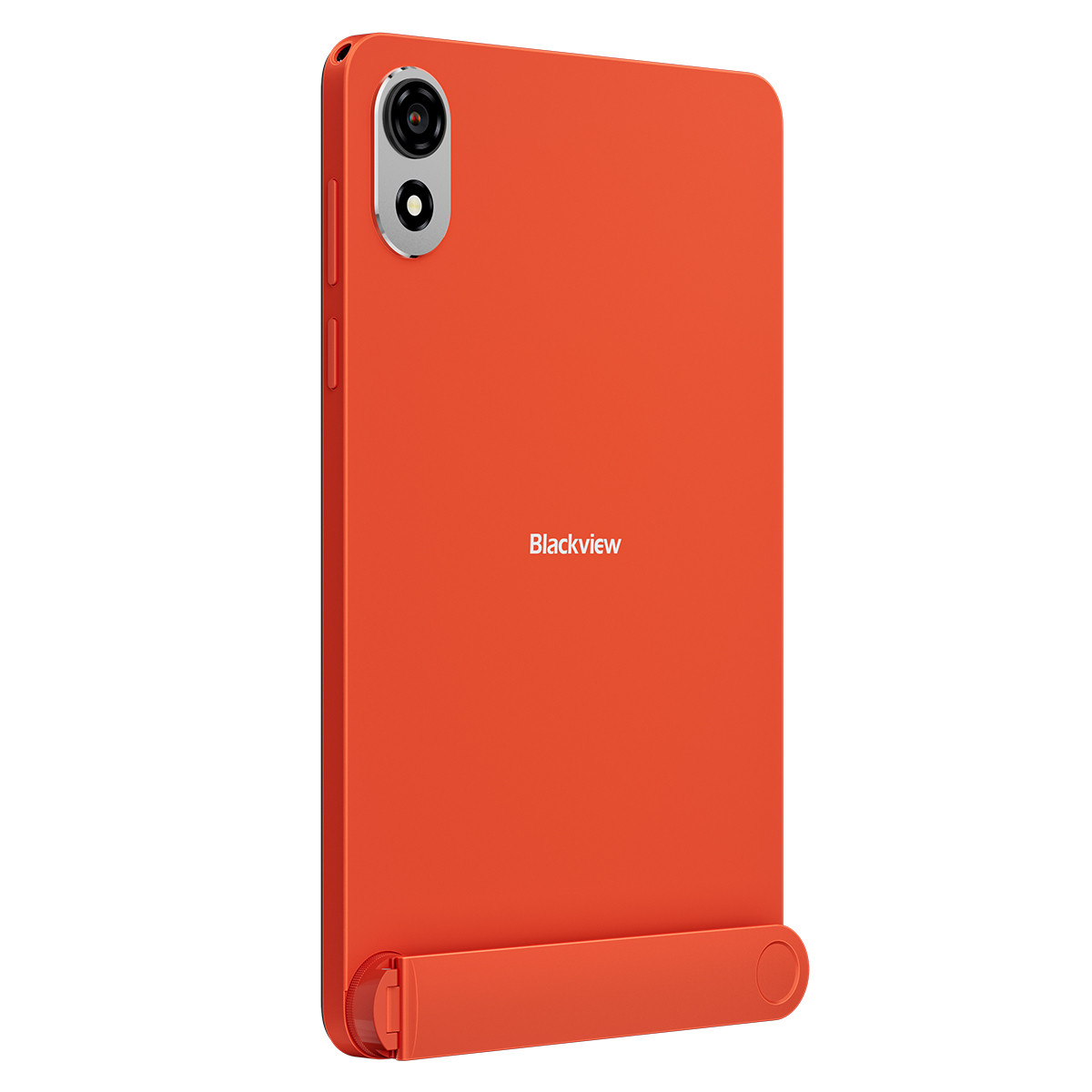 Un tablet Blackview arancione con una fotocamera in alto. Il tablet è su un supporto. Lo sfondo è bianco.