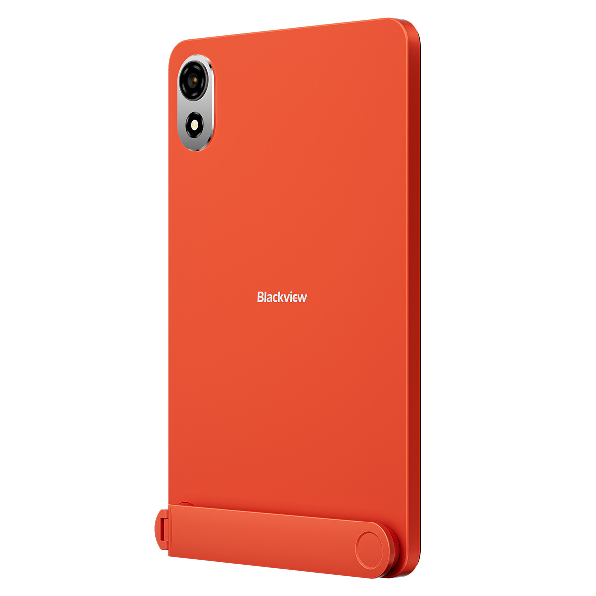 Un tablet arancione con fotocamera, logo Blackview e supporto. Lo sfondo è bianco.