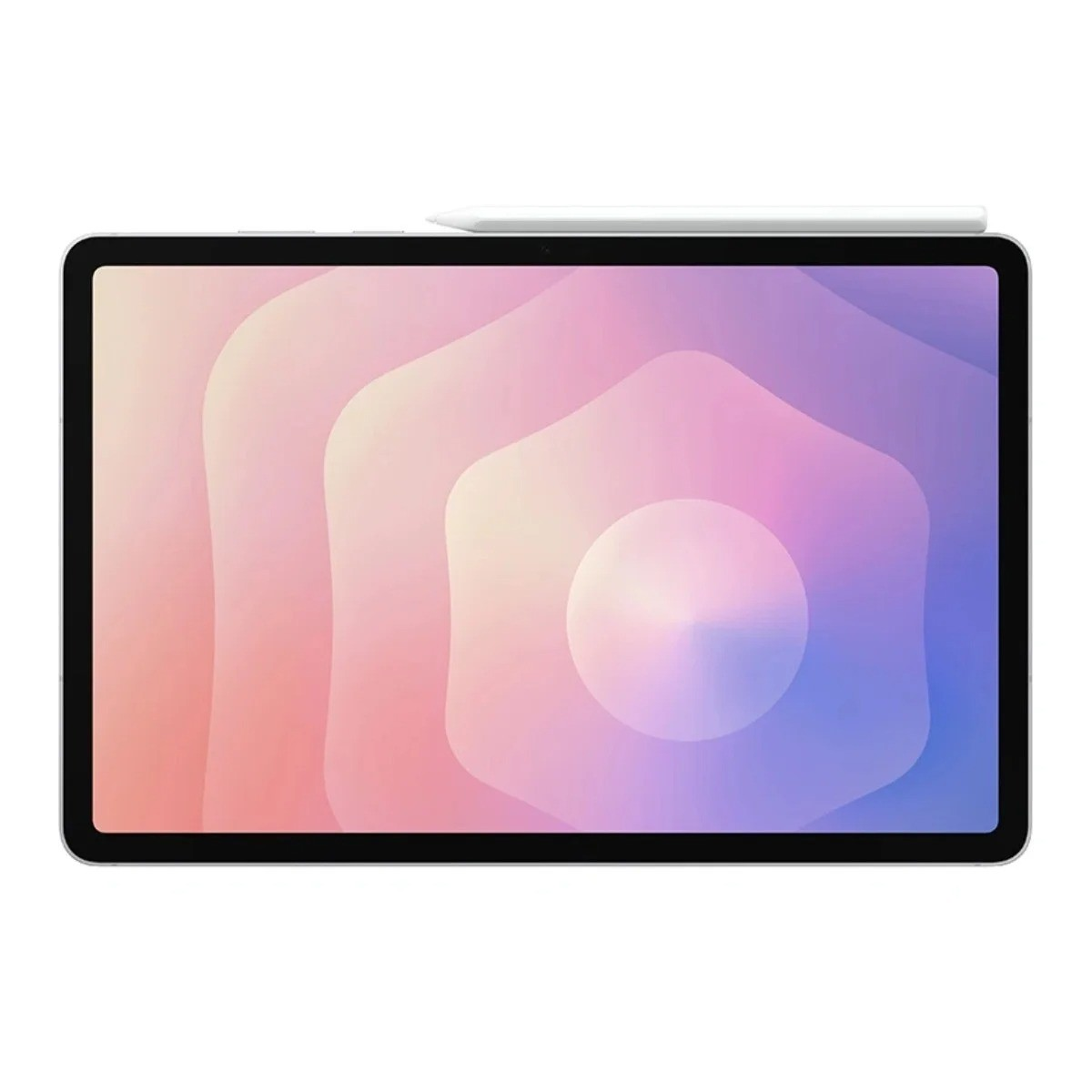 Tablet z kolorowym abstrakcyjnym tłem i rysikiem na górze. Ekran ma gradient różu, fioletu i niebieskiego.