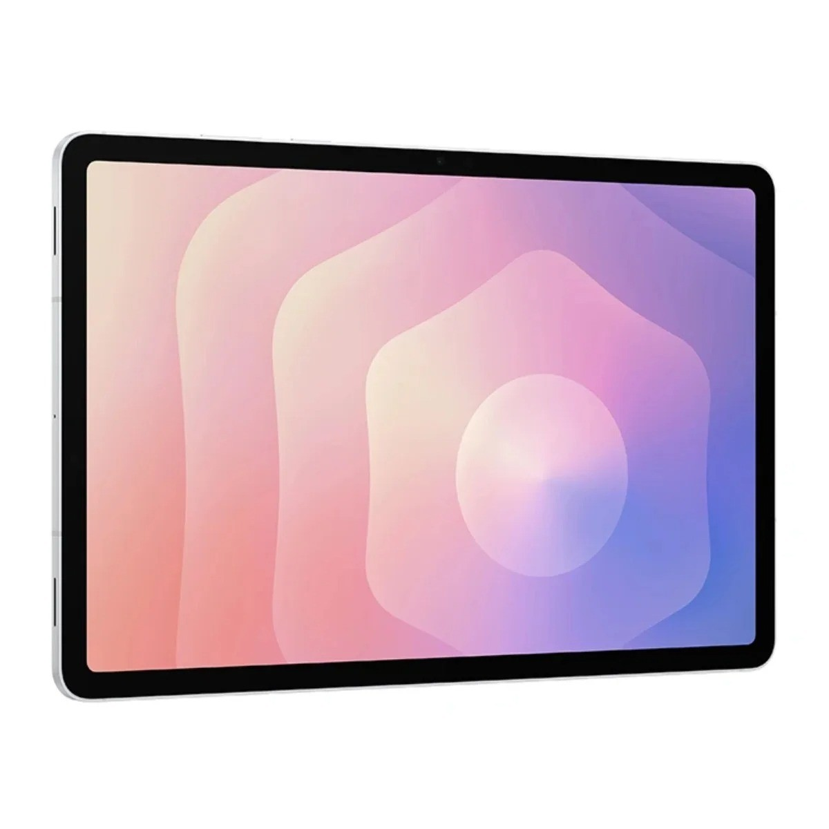 Tablet z czarną ramką i ekranem z abstrakcyjnym wzorem w kolorze różowym, fioletowym i białym na białym tle.