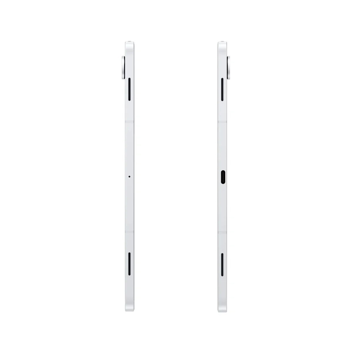 Dwa smukłe, białe tablety widoczne z boku. Każdy ma aparat, małą kropkę i cienkie czarne linie. Tło jest białe.