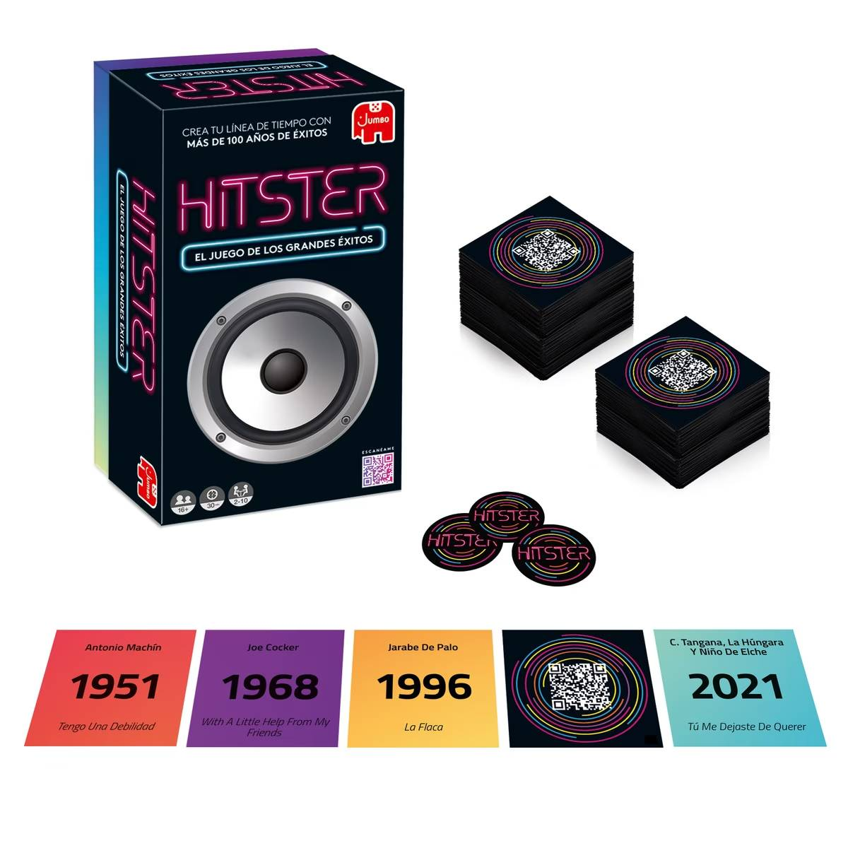 Se muestran una caja de juego, cartas y fichas. La caja tiene el nombre del juego, 'Hitster'. Las cartas muestran códigos QR y artistas musicales.
