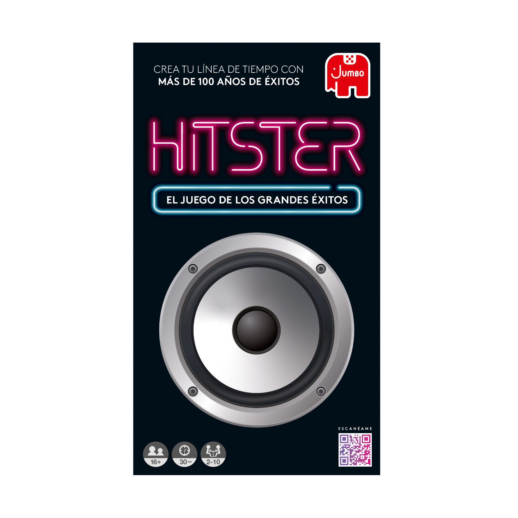 Cartel del juego Hitster, con un gráfico de altavoz. Tiene texto en español, incluido el nombre del juego y el rango de edad.