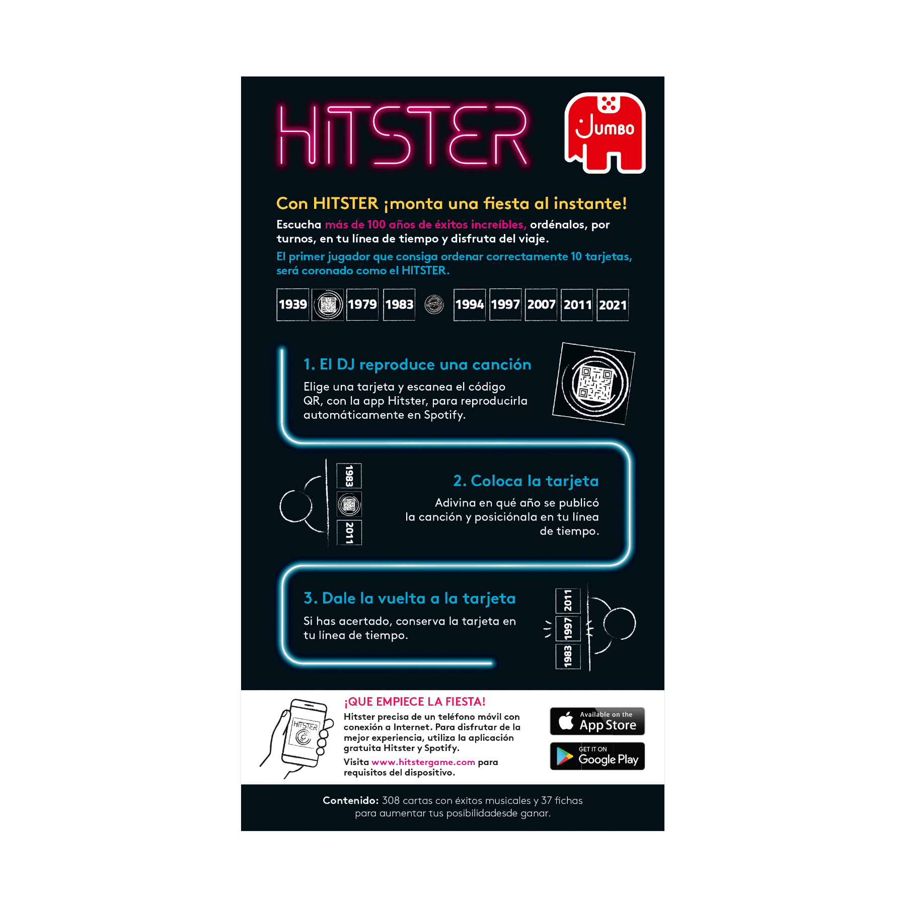 Póster del juego Hitster. Tiene instrucciones, años y un código QR. Disponible en App Store y Google Play.