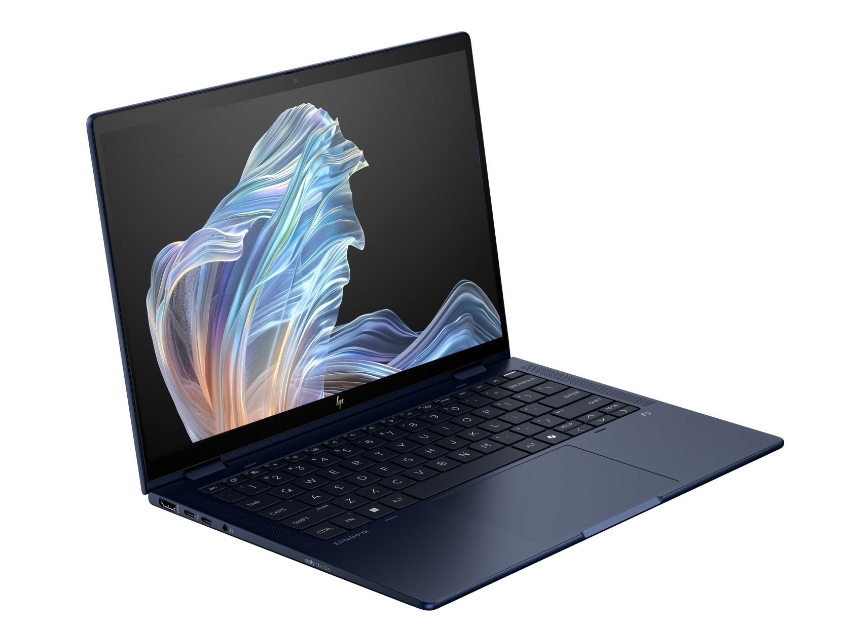 Un laptop blu scuro, aperto, con un design astratto. Tastiera visibile. L'HP EliteBook è su sfondo bianco.