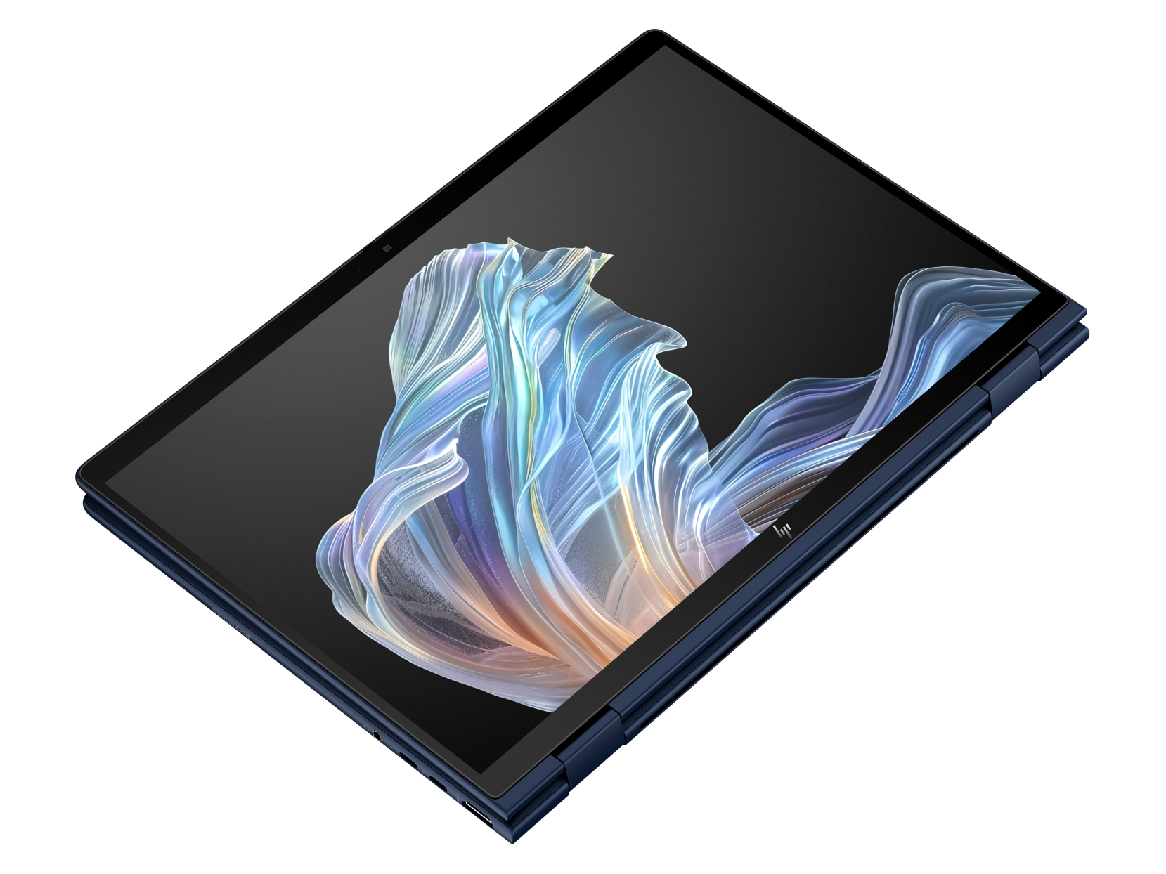 Un tablet blu scuro è angolato. Lo schermo mostra un design astratto colorato e fluido su sfondo nero.