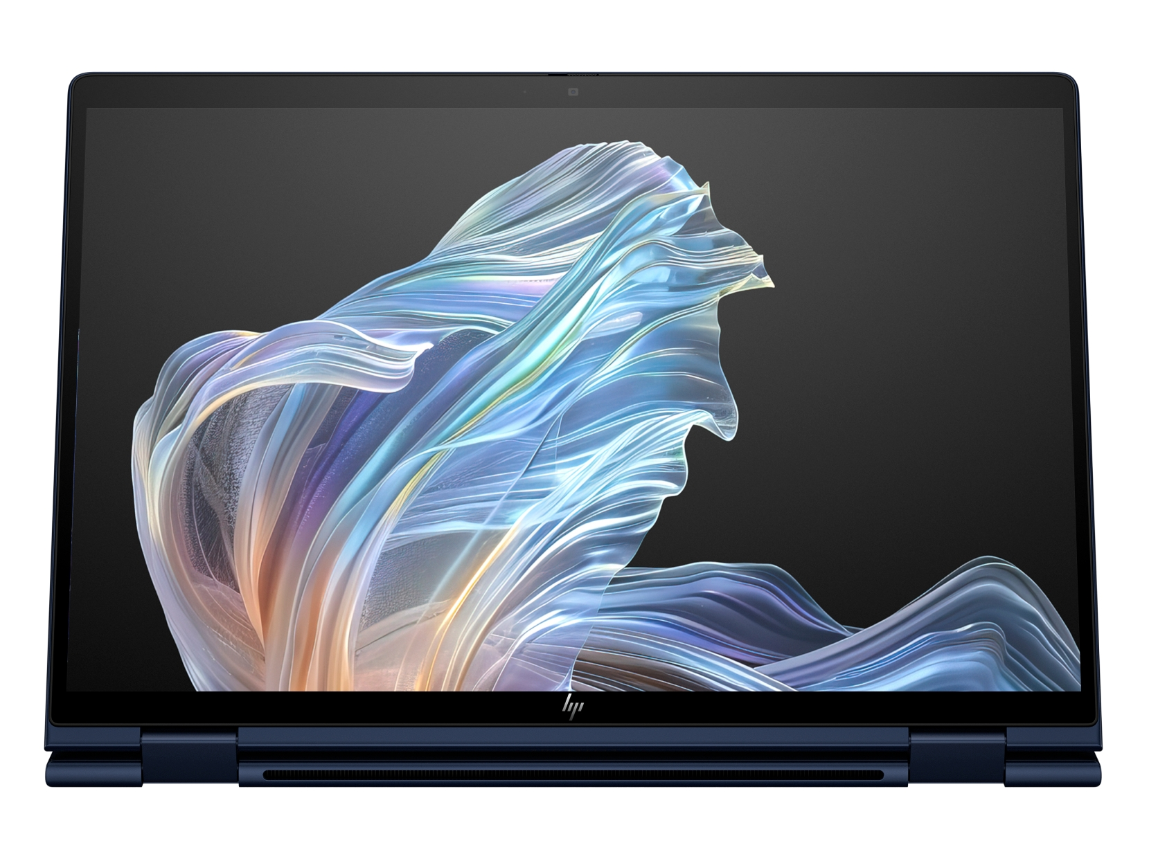 Un laptop blu scuro è aperto, mostrando un design astratto e colorato sullo schermo. Lo sfondo è grigio scuro.