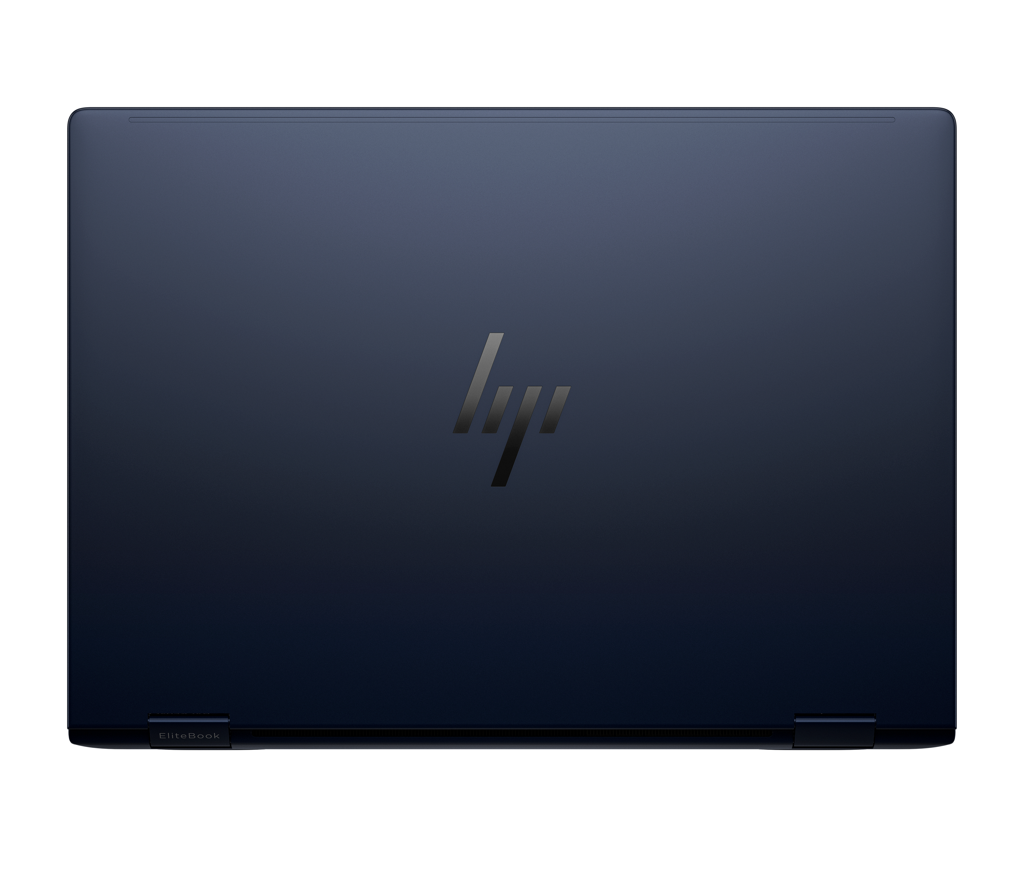 Coperchio del laptop blu scuro con logo HP. Il laptop è chiuso e su sfondo bianco.