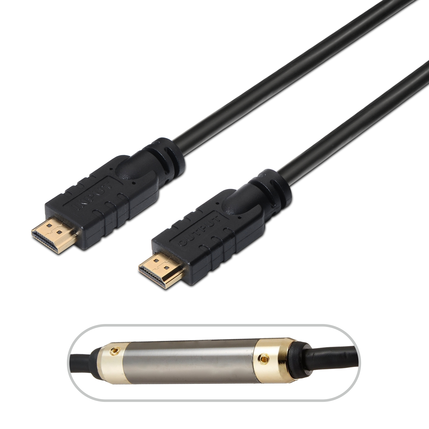 Dos cables HDMI negros con conectores dorados. Un cable muestra 'OUTPUT'. Primer plano de detalle de cable plateado y dorado.