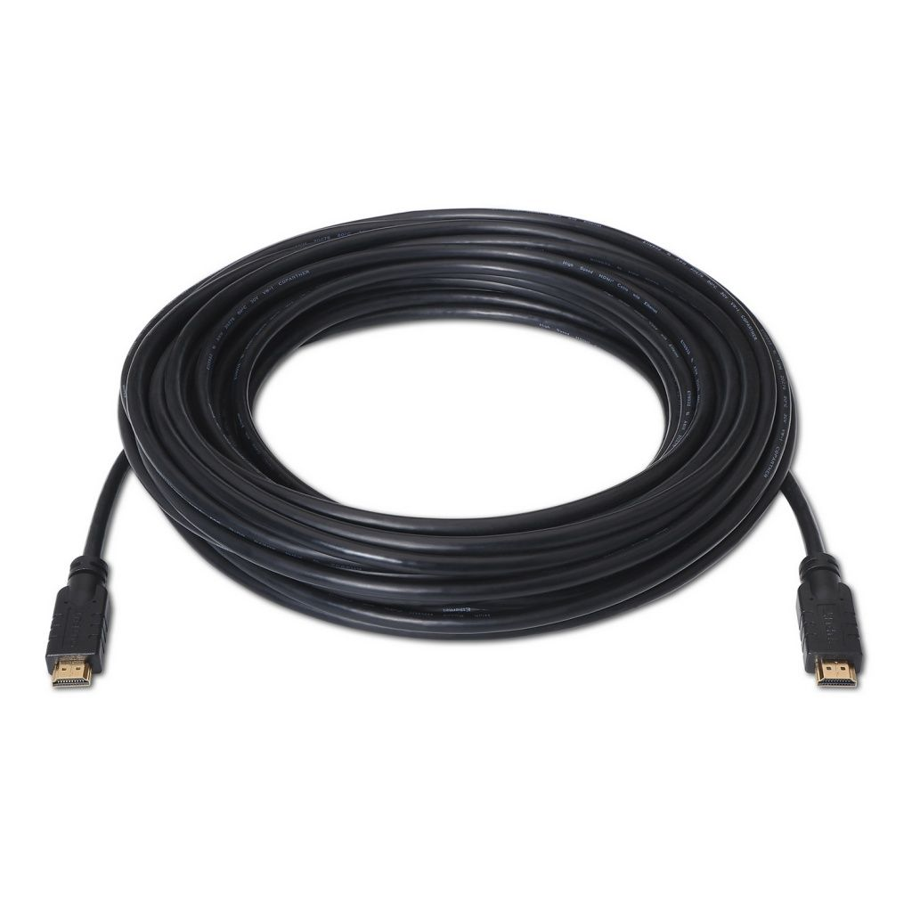 Un cable HDMI negro enrollado con conectores en ambos extremos sobre una superficie blanca. Los conectores son dorados.