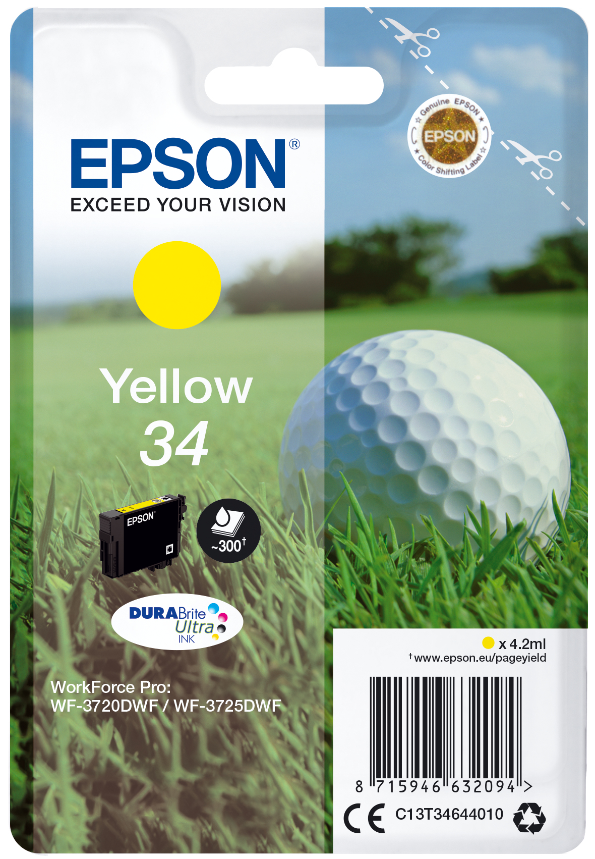Une boîte de cartouches d'encre Epson avec une balle de golf et de l'herbe. Le texte comprend 'Yellow 34', 'DURABrite Ultra Ink' et 'WorkForce Pro'.