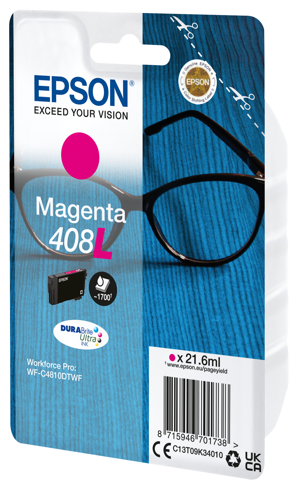 Wkład atramentowy Epson Magenta 408L w opakowaniu. Zawiera okulary i różowe koło. Niebieskie tło, z białym tekstem.