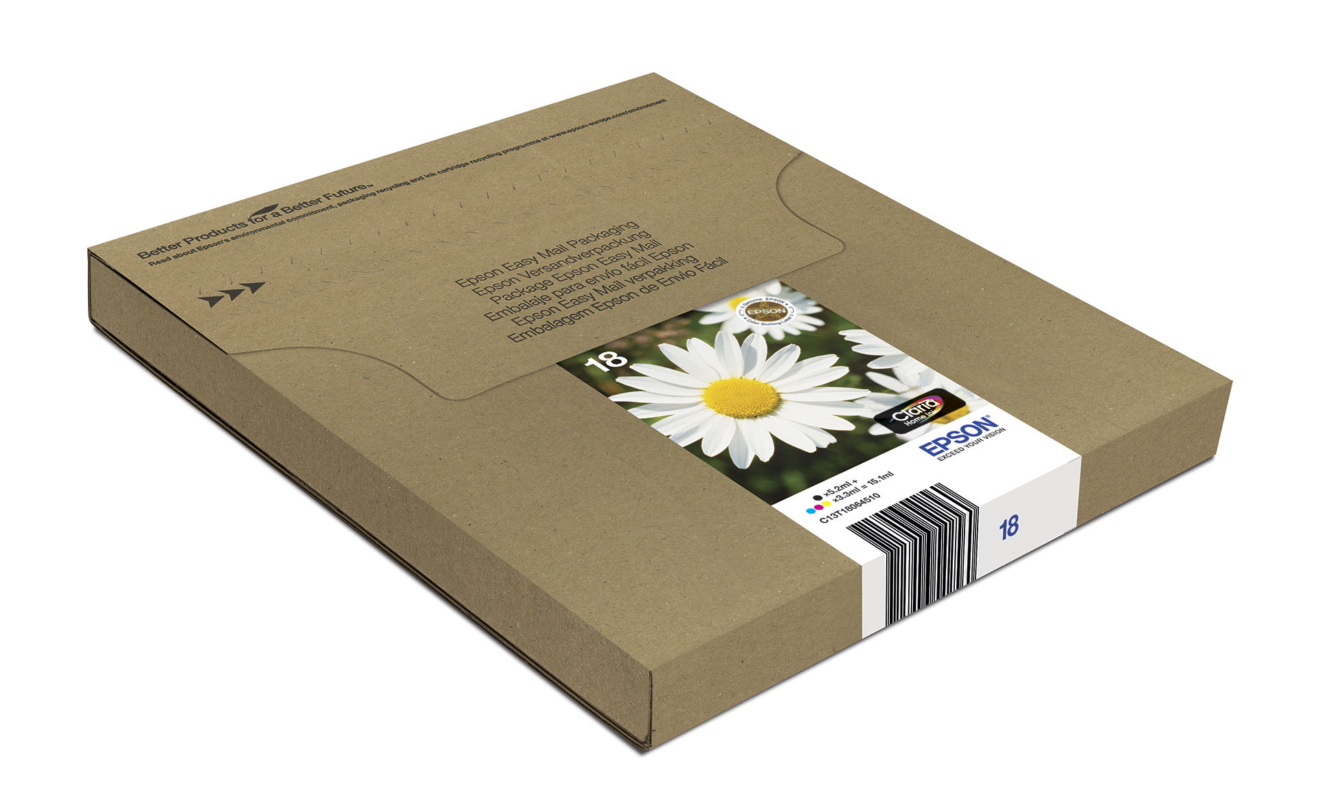 Brązowe opakowanie Epson Easy Mail z stokrotkami na etykiecie. Pudełko zawiera wkłady atramentowe Epson.