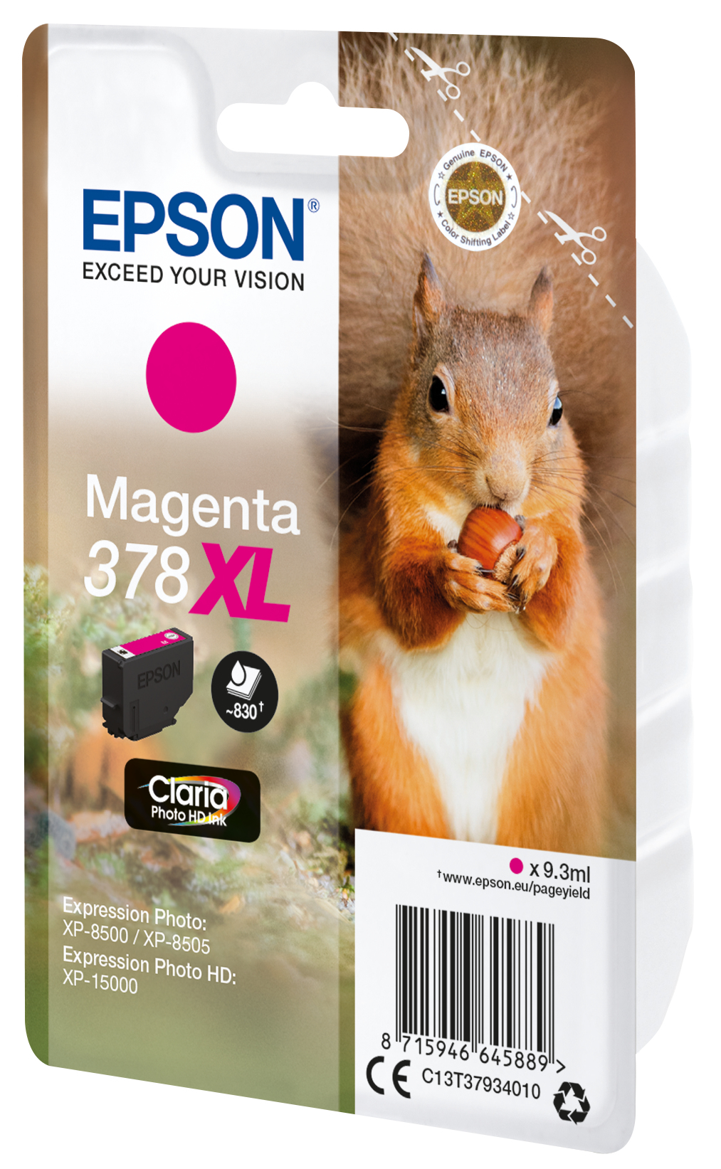 Een Epson inktcartridge verpakking met een eekhoorn die een noot vasthoudt. De cartridge is magenta 378XL en heeft het Epson logo.