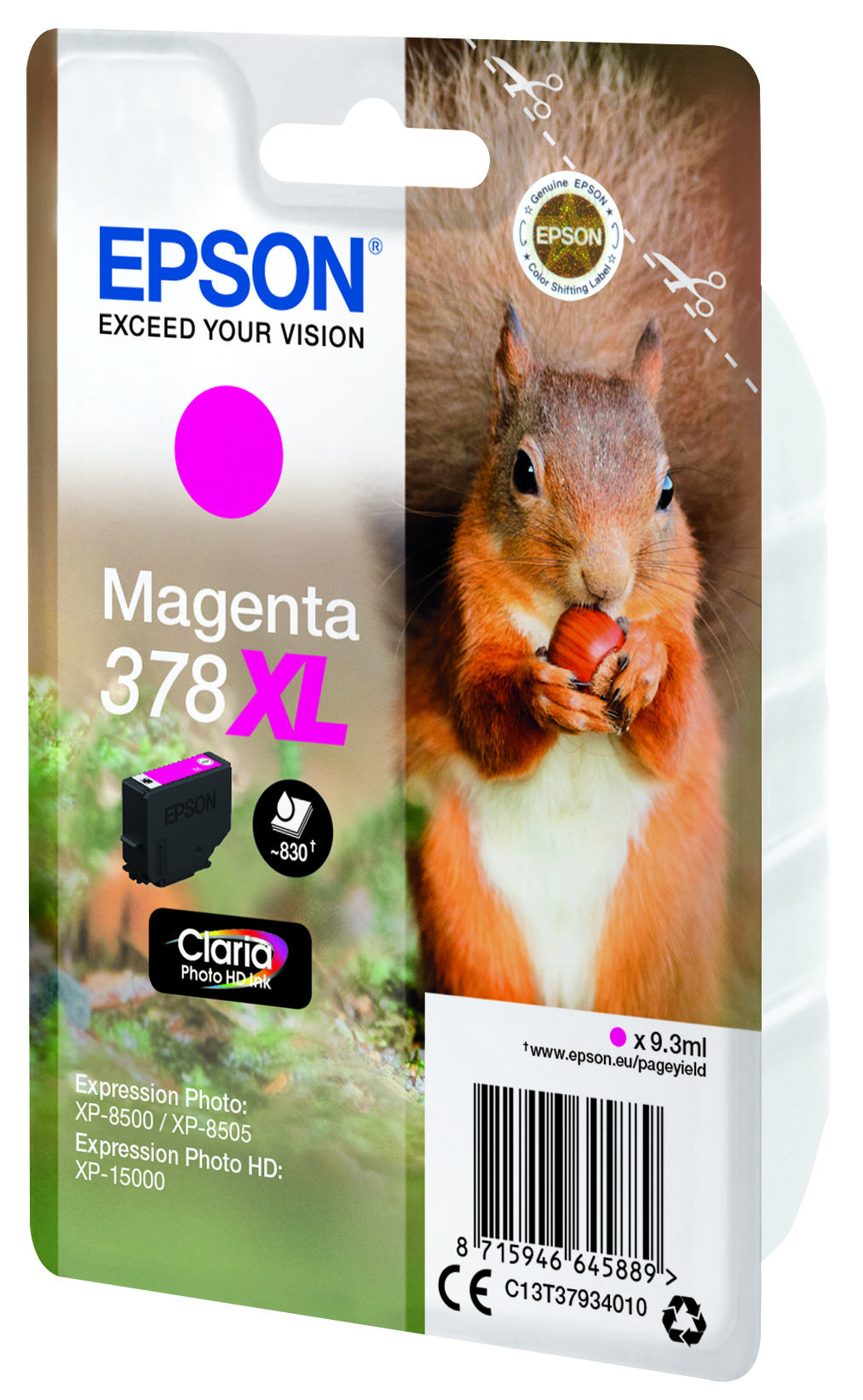 Epson magenta inktcartridge met een eekhoorn die een noot vasthoudt. Bevat 9,3 ml inkt. Voor Expression Photo printers.