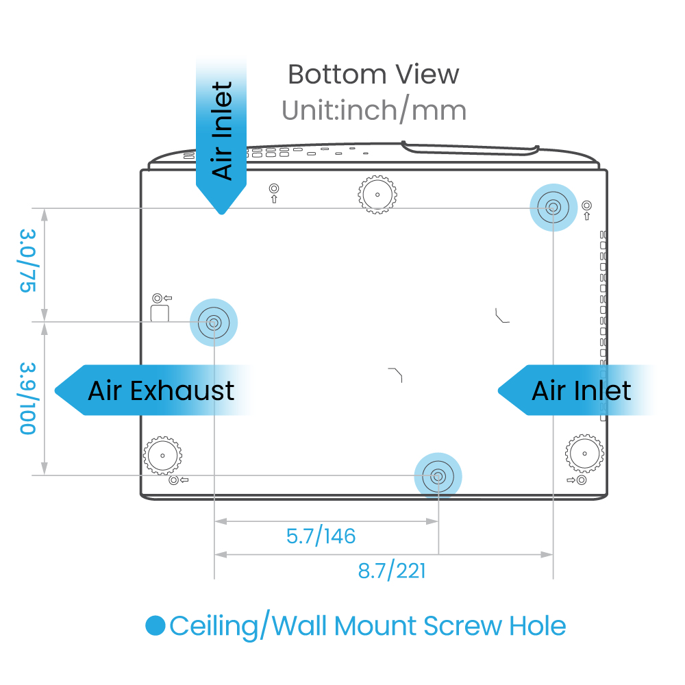 Schemat widoku od spodu urządzenia, pokazujący wloty powietrza, wylot, otwory na śruby i wymiary w calach i milimetrach.