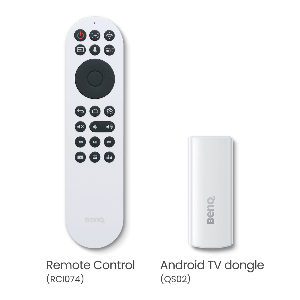 Biały pilot i dongle Android TV na białym tle. Pilot ma przyciski, dongle ma logo 'BenQ'.