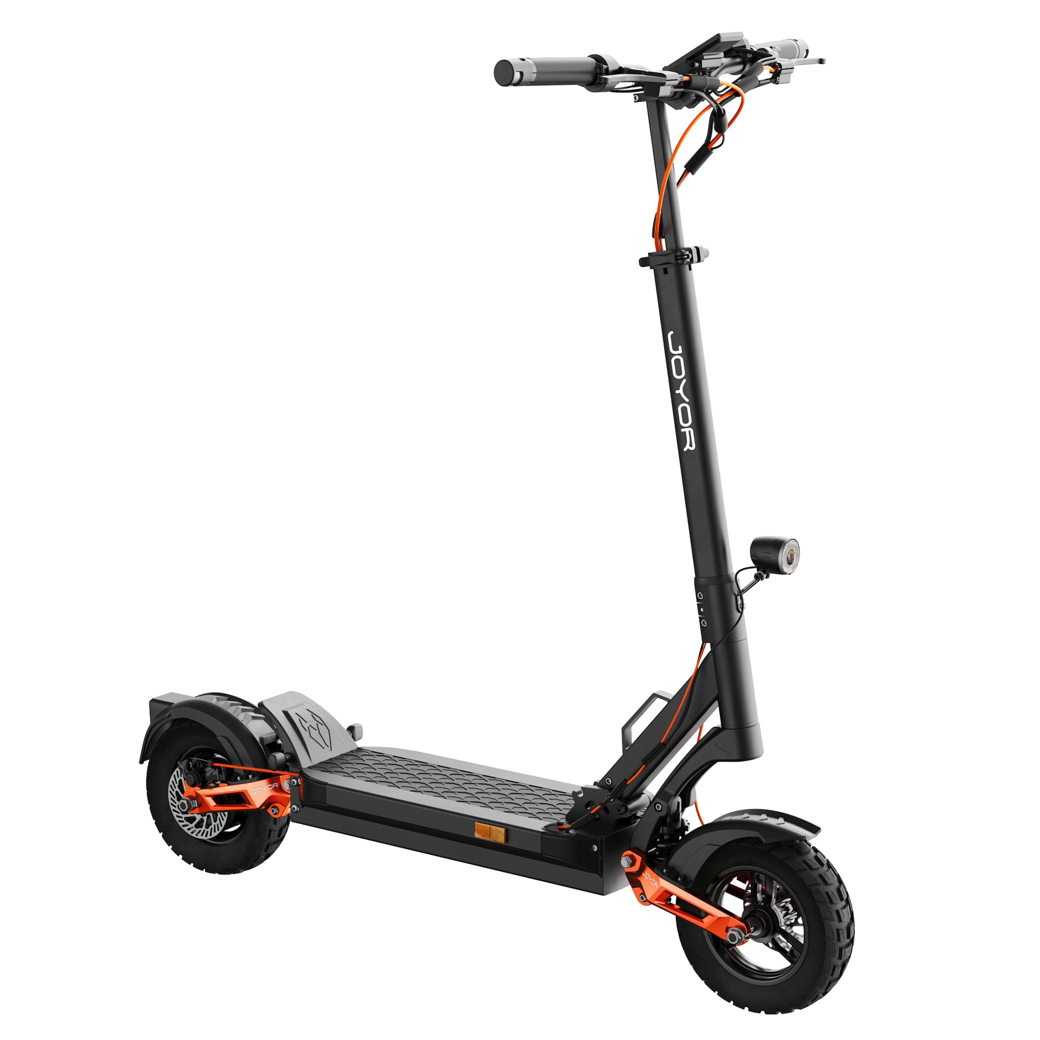 Schwarzer Elektroroller mit orangefarbenen Akzenten. Er hat einen Scheinwerfer, zwei Räder und einen Lenker. Der Hintergrund ist weiß.