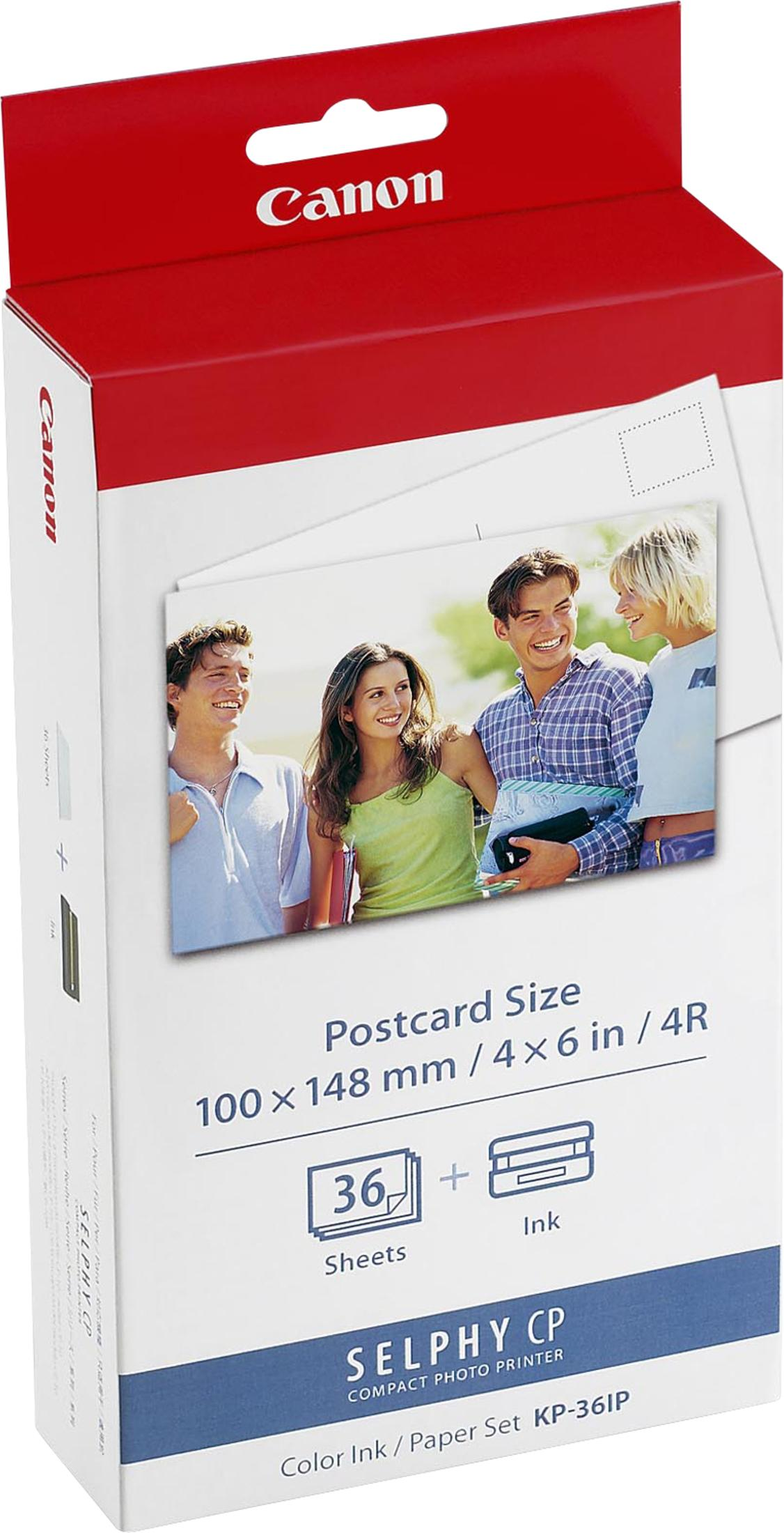 Scatola stampante fotografica Canon Selphy CP. Mostra una foto di persone, formato cartolina e 36 fogli.