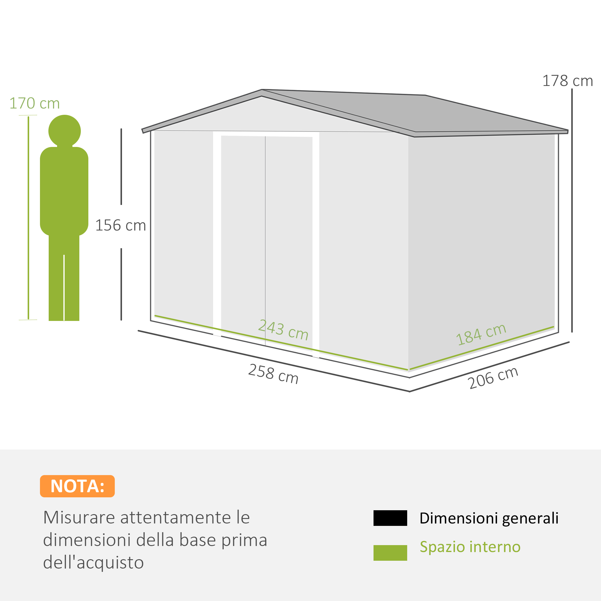 Un capannone grigio con dimensioni indicate. Una figura verde indica l'altezza. Testo italiano consiglia di misurare.