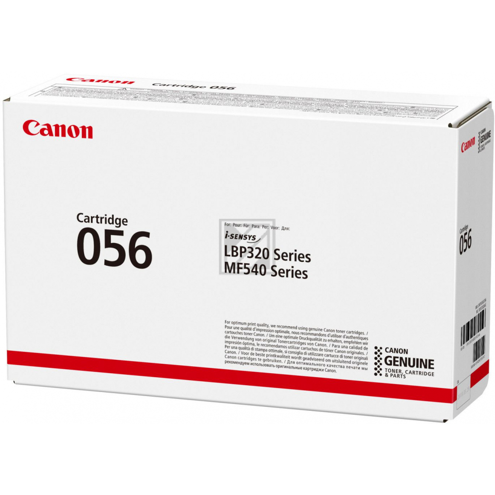 Una caja de cartucho Canon, blanca con raya roja, nombre del producto Cartridge 056, con logo Canon.