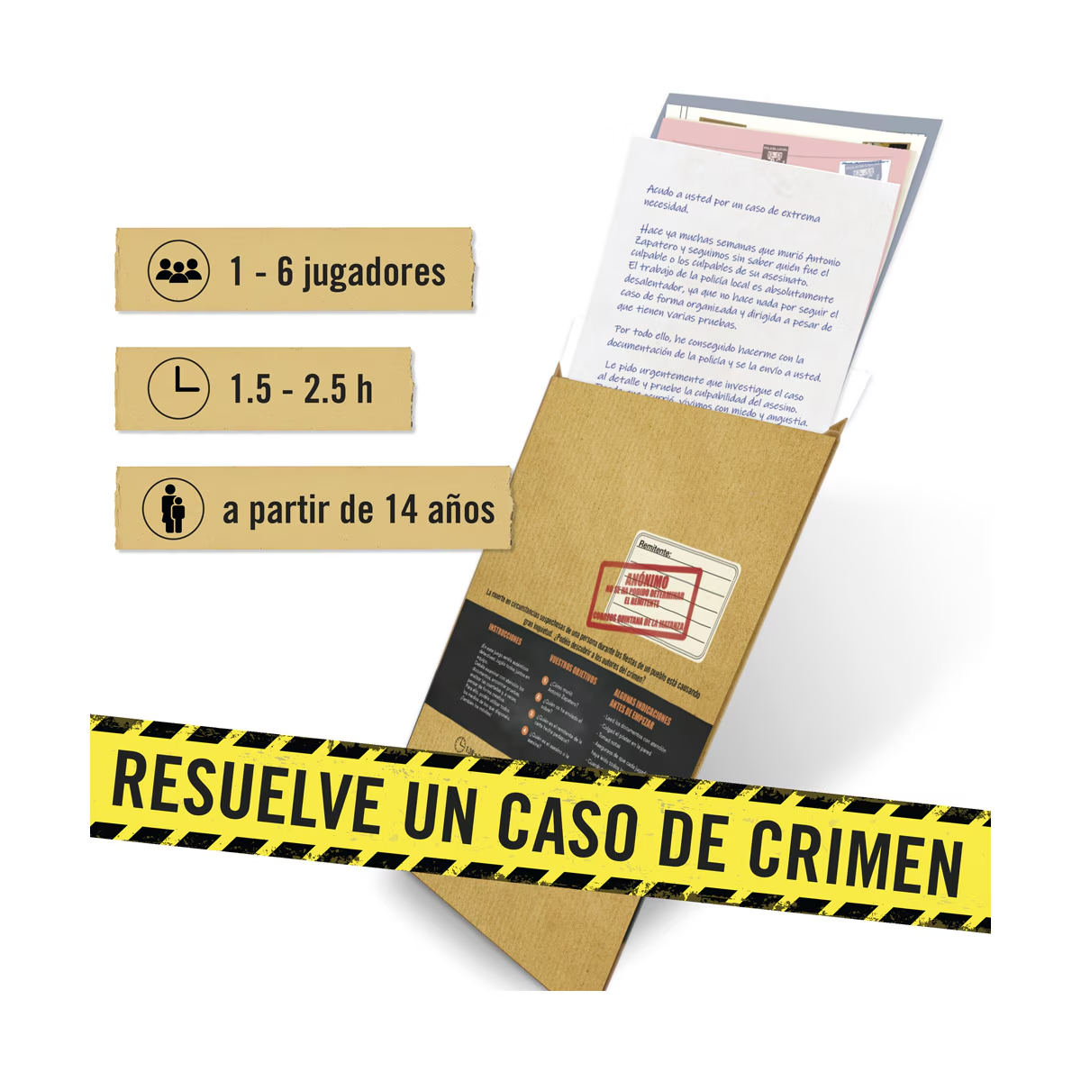 Un sobre marrón con texto, una cinta amarilla que dice resolver un caso criminal. El texto dice 1-6 jugadores, 1,5-2,5 horas y mayores de 14 años.