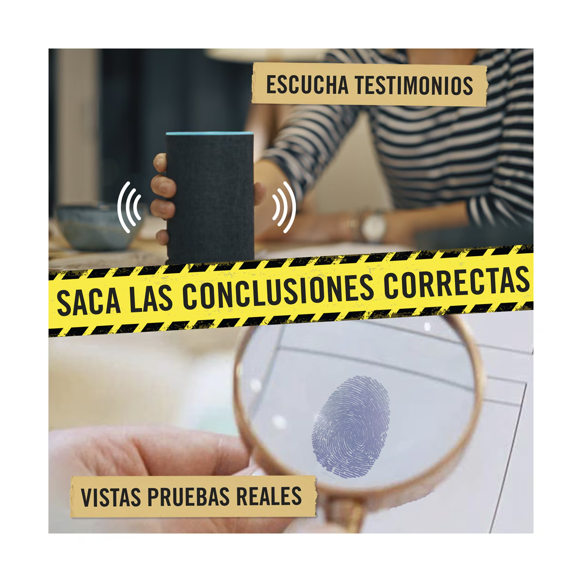 Una persona sostiene un altavoz inteligente, con ondas de sonido. Debajo, una lupa examina una huella dactilar. Texto: Escucha testimonios, conclusiones correctas.