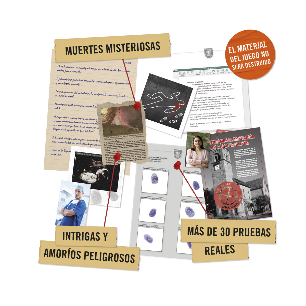 Un tablero de investigación de la escena del crimen con texto, fotos y pruebas. Incluye escritura a mano, huellas dactilares y una iglesia.