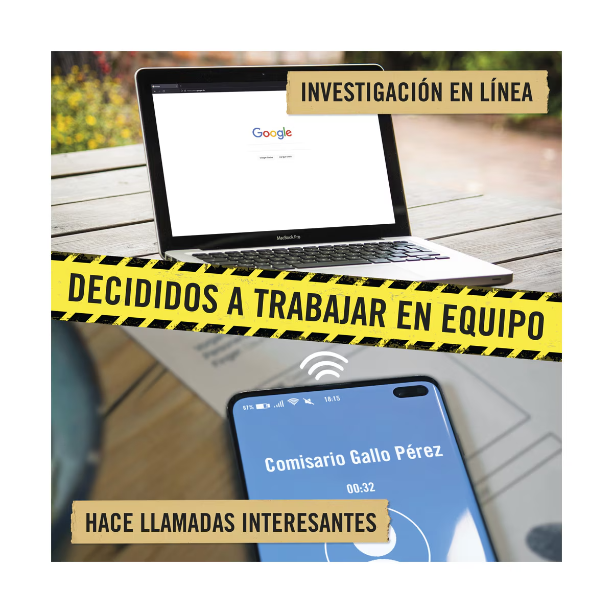 Laptop con búsqueda de Google, un teléfono con llamada de 'Comisario Gallo Pérez' y texto: 'Decididos a trabajar en equipo'.