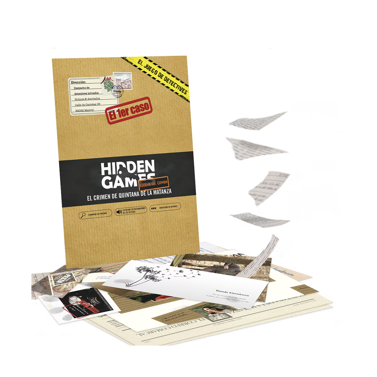 Una caja de juego titulada 'Hidden Games' con papeles dispersos y un tema de detectives, incluyendo un sello y detalles de dirección.