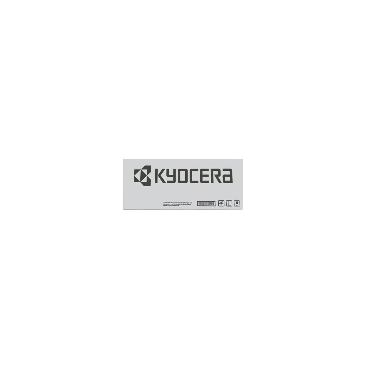 Białe pudełko z logo Kyocera. Tekst poniżej brzmi 'KYOCERA Document Solutions Europe B.V.'. Po prawej stronie znajduje się kilka symboli.