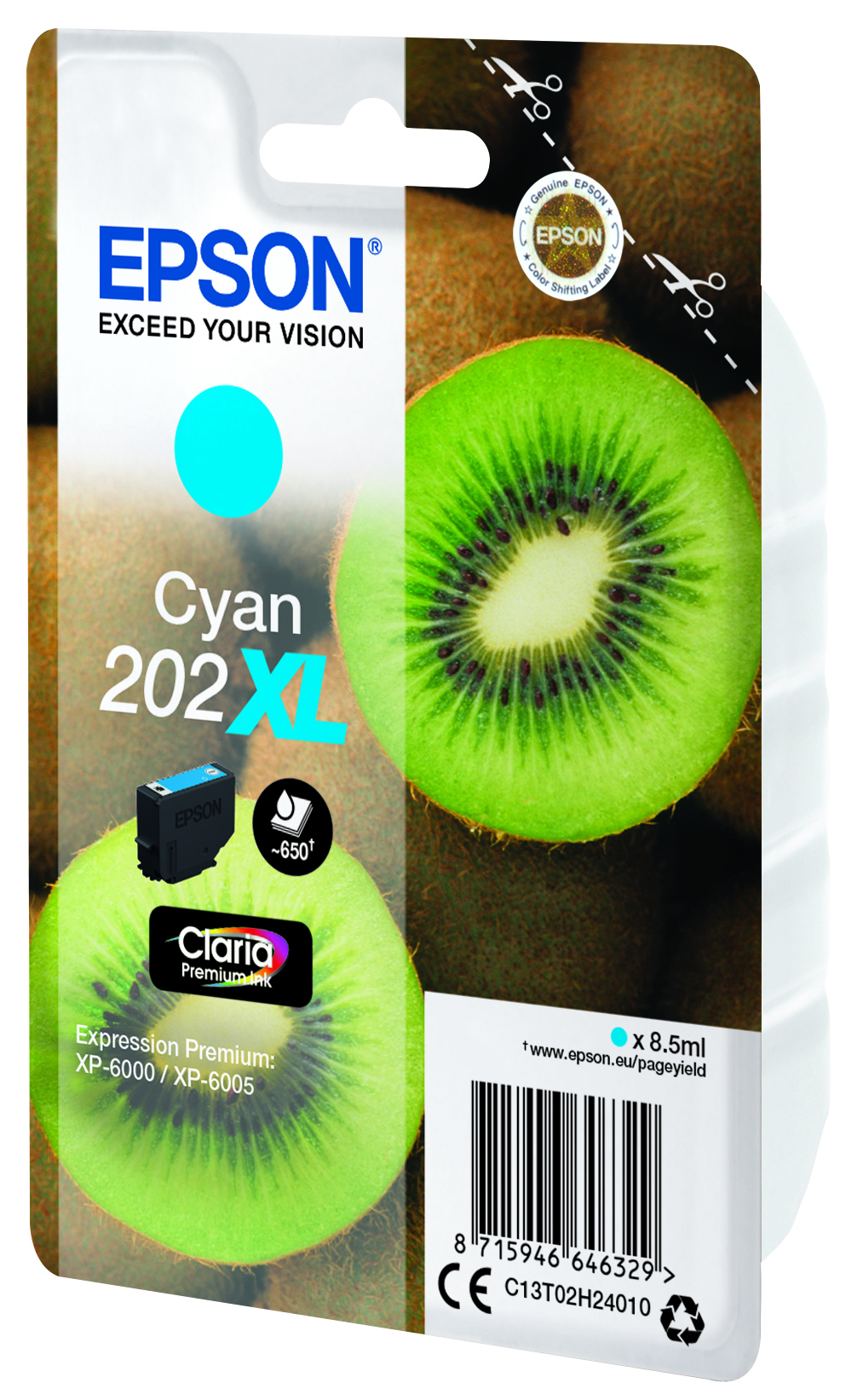 Wkład atramentowy Epson Cyan. Pokazuje owoc kiwi i czarny wkład atramentowy. Opakowanie ma logo Epson i Claria.