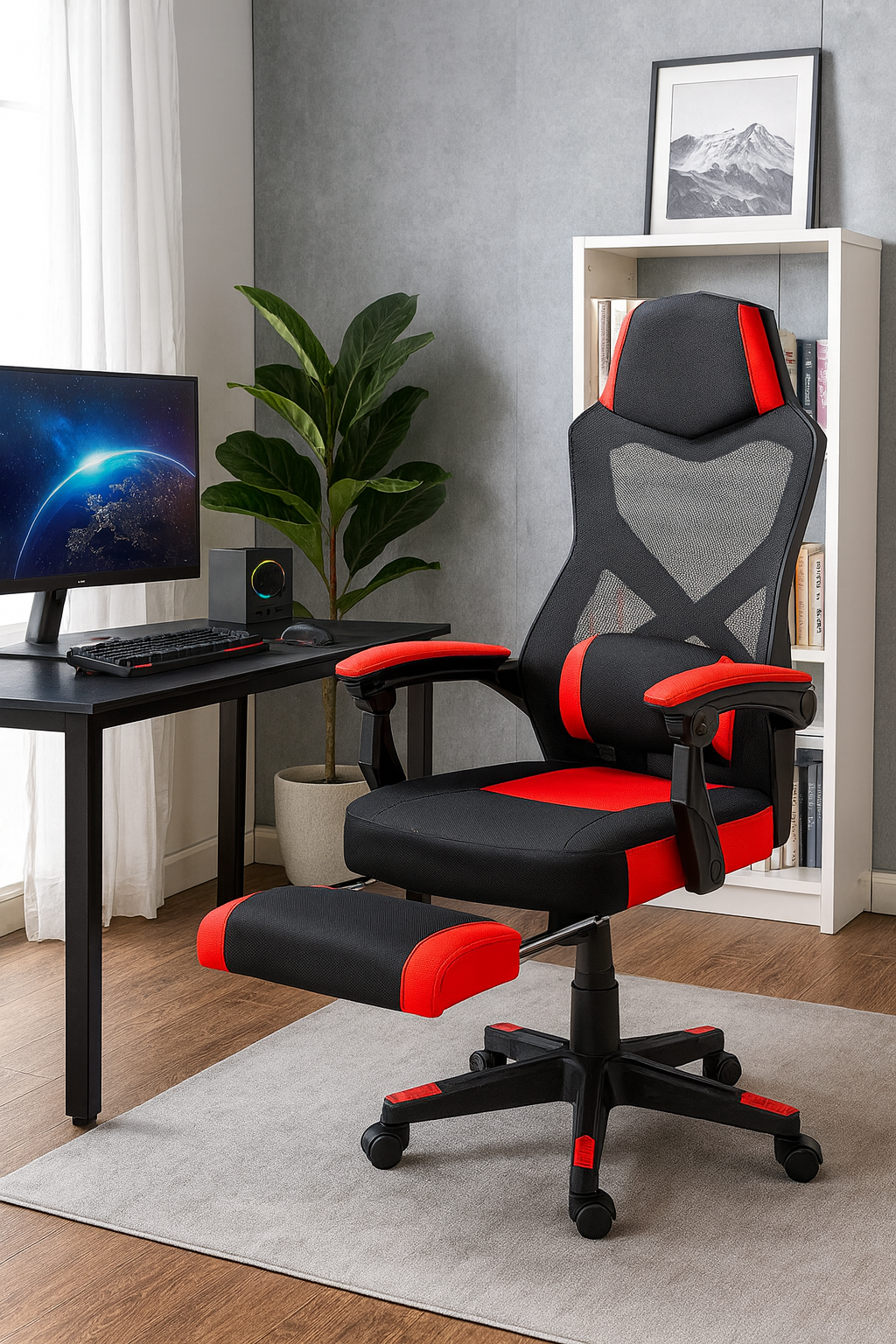 Una silla gamer con detalles en negro y rojo está frente a un escritorio con una computadora. Una estantería y una planta están en el fondo.