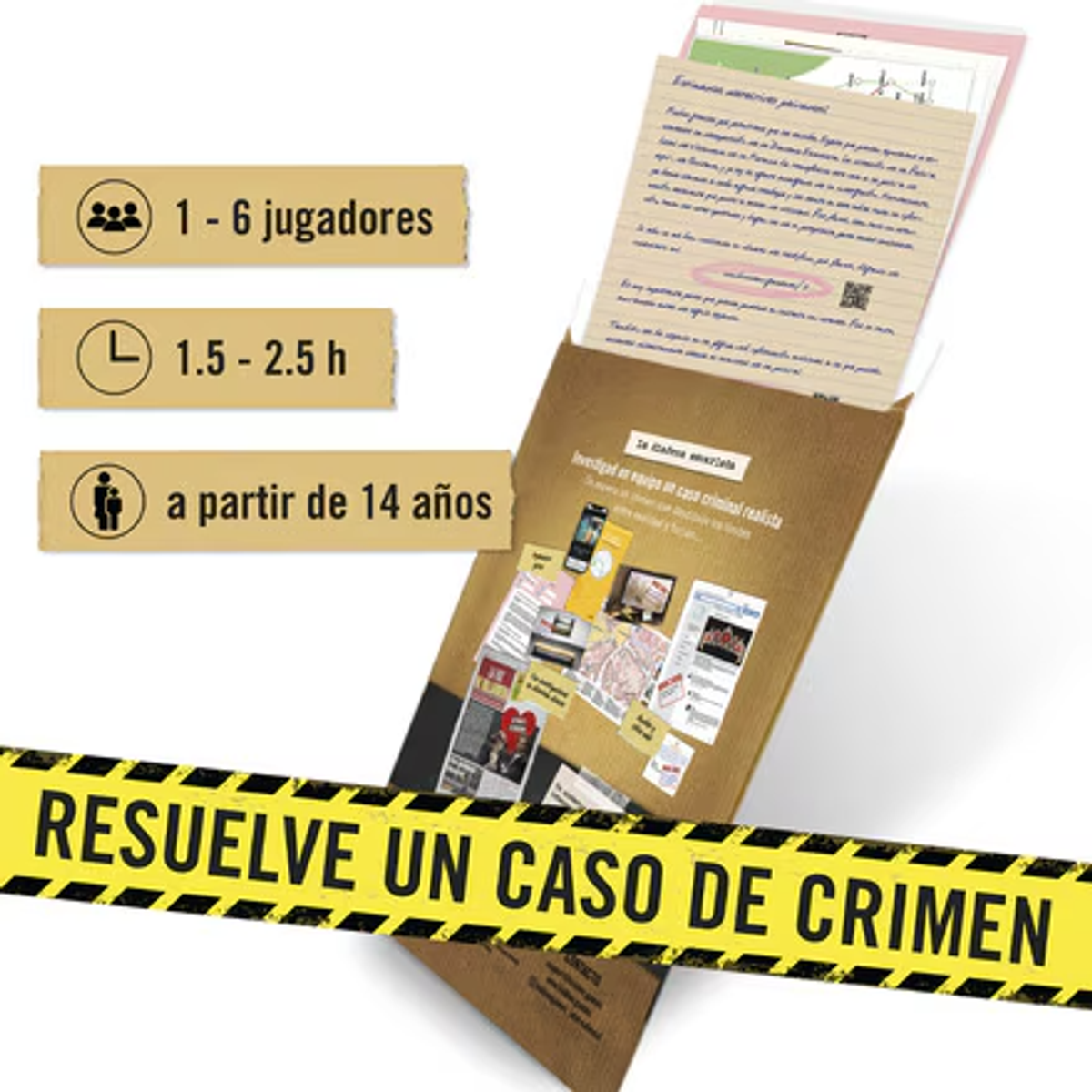Una caja de juego con texto e imágenes. Tiene etiquetas para jugadores, tiempo y edad. El título dice 'Resuelve un caso de crimen'.