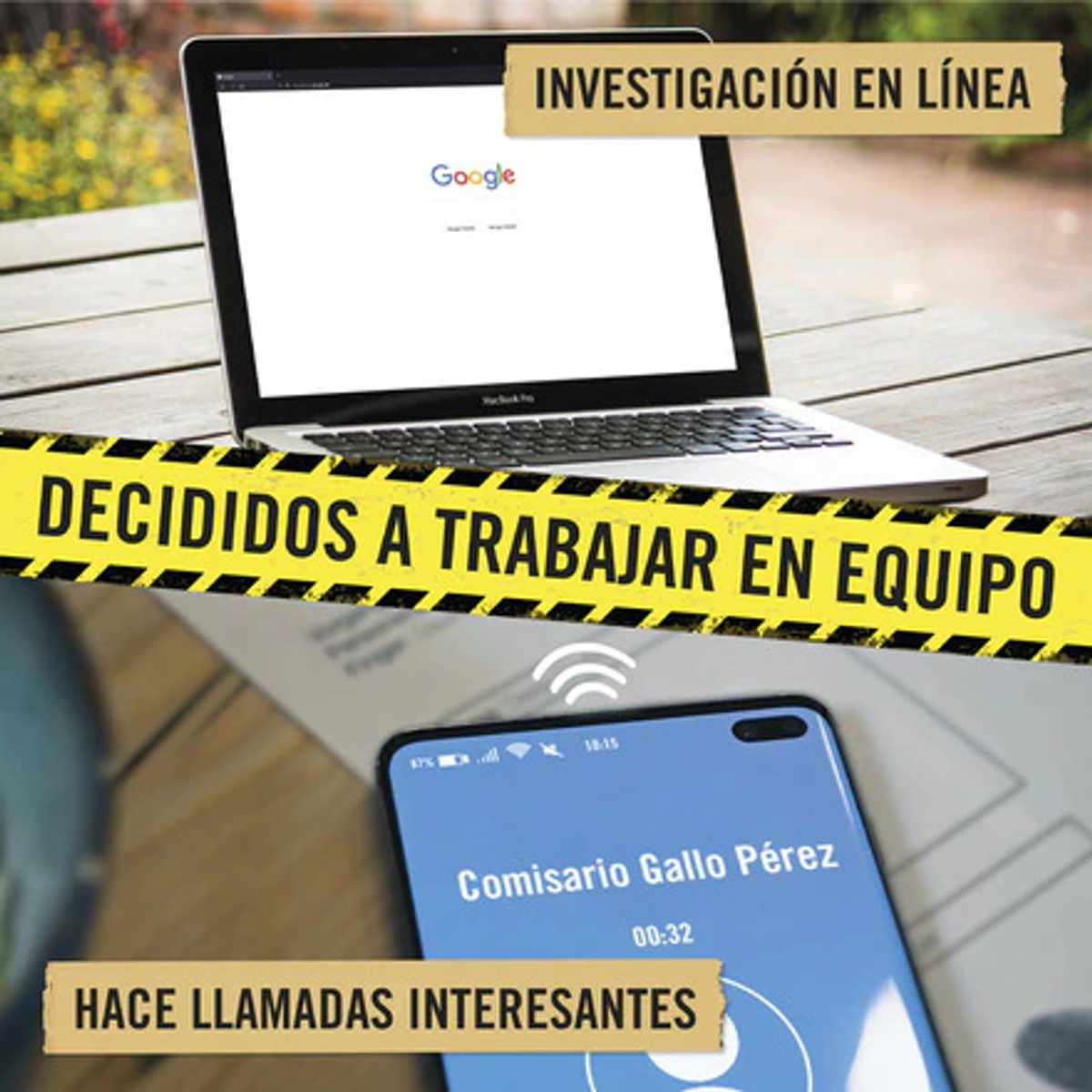 Portátil con Google abierto, teléfono mostrando llamada de 'Comisario Gallo Pérez'. Superposiciones de texto en español.