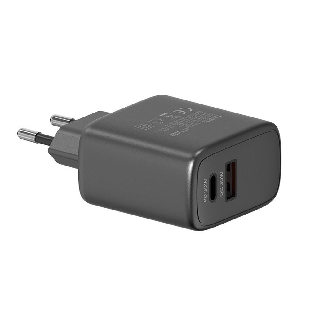 Ciemnoszara ładowarka do telefonu z wtyczką dwupinową. Ma dwa porty USB oznaczone jako PD 30W i QC 30W.