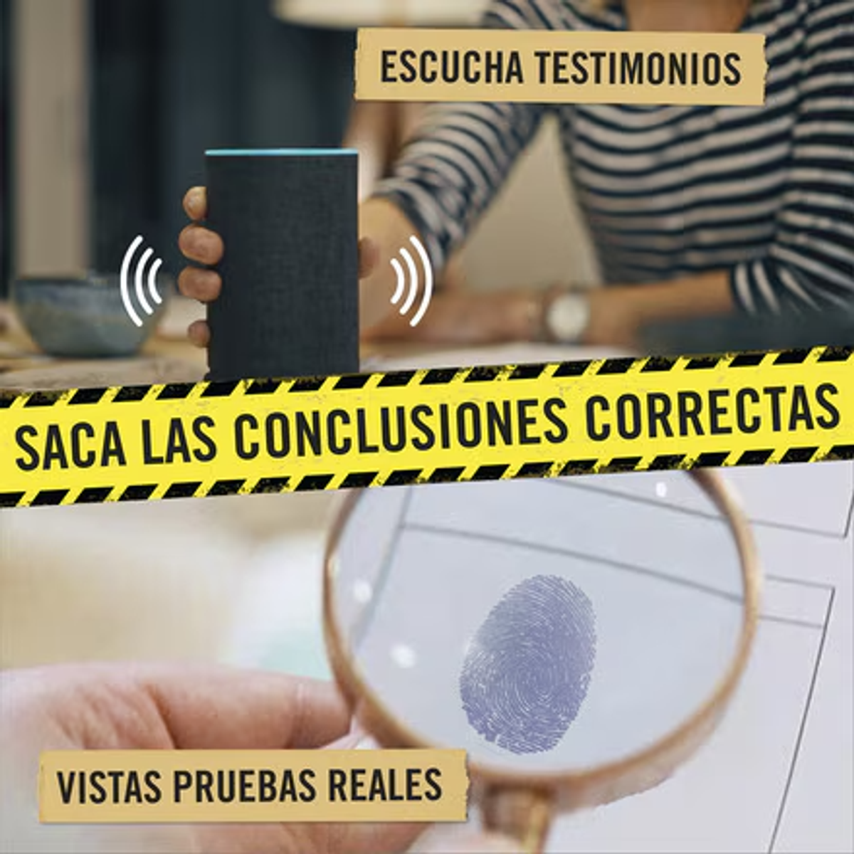 Una persona sostiene un altavoz inteligente, una lupa sobre una huella dactilar y texto en español. Cinta amarilla de precaución entre ellos.