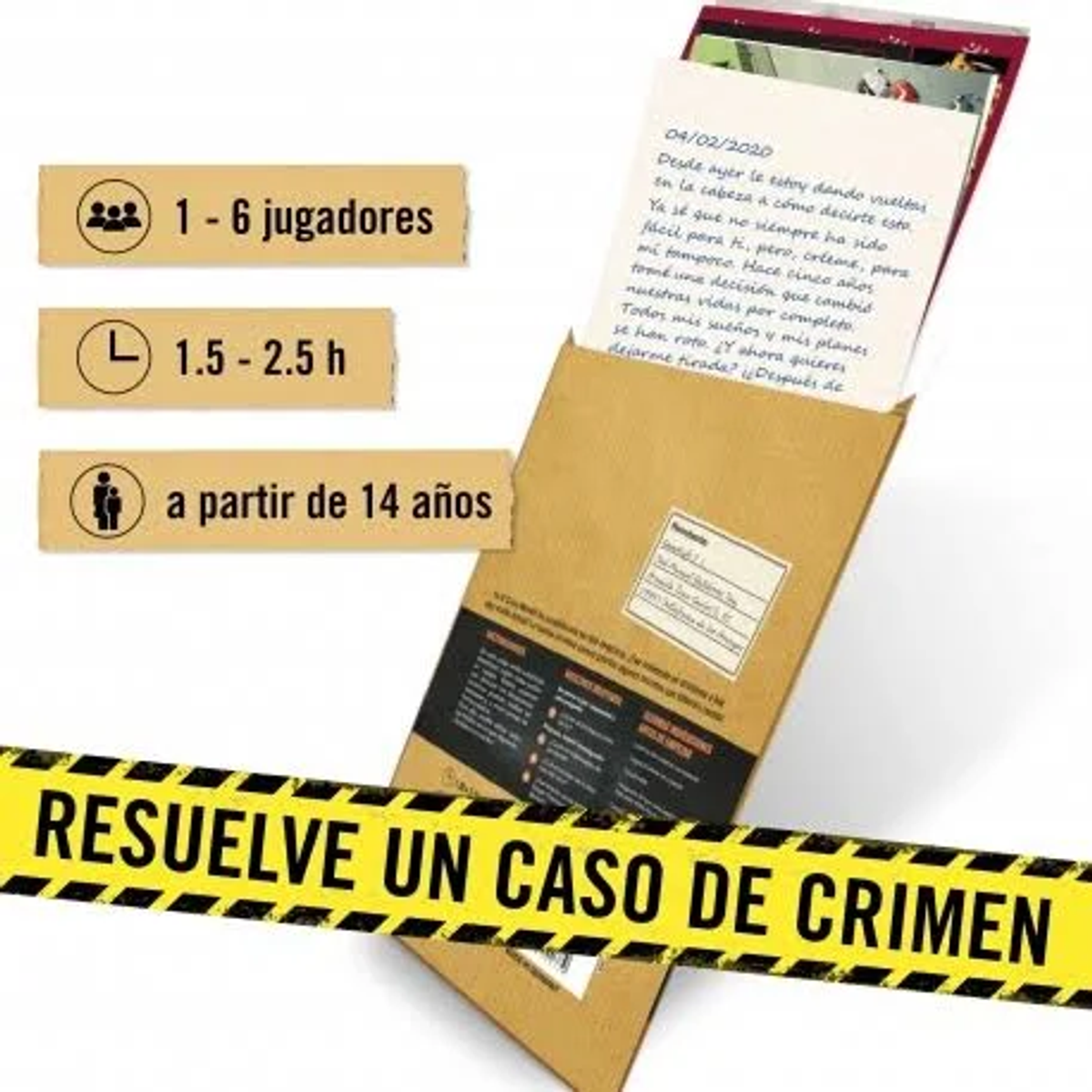 Caja de cartón con texto: Resuelve un caso criminal. Contiene papel con texto e indicaciones de edad/tiempo/jugadores.
