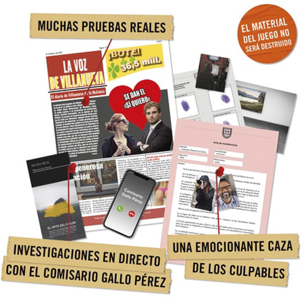 Collage con recortes de periódicos, un teléfono inteligente y documentos. Los titulares dicen 'Pruebas Reales', 'Investigaciones Directas' y 'Caza Emocionante'.